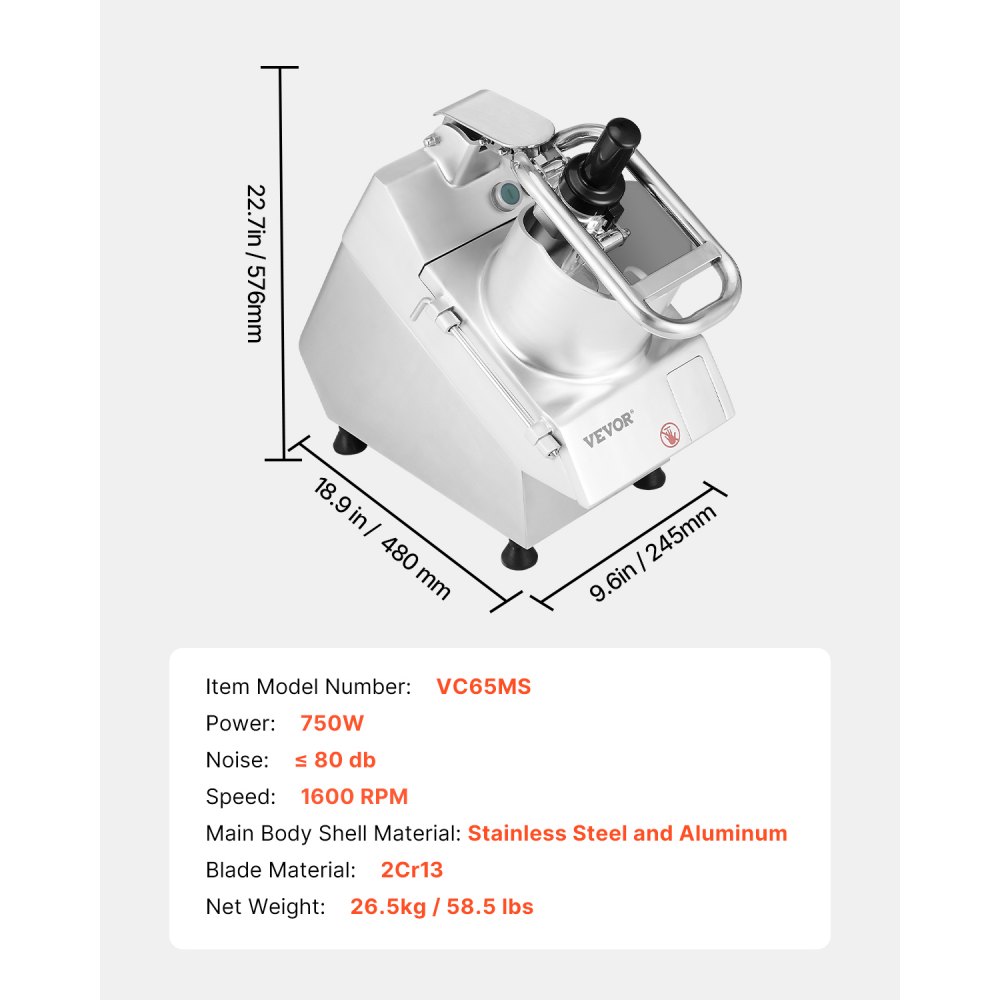 VEVOR Procesador de Alimentos y Picador de Verduras 2 Orificios de Alimentación de Acero Inoxidable Picadora con 6 Cuchillas Desmontables, Trituradora de 3 mm/5 mm/7 mm/10 mm, Cortadora de 2 mm/4 mm