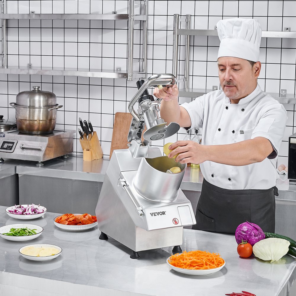 VEVOR Procesador de Alimentos y Picador de Verduras 2 Orificios de Alimentación de Acero Inoxidable Picadora con 6 Cuchillas Desmontables, Trituradora de 3 mm/5 mm/7 mm/10 mm, Cortadora de 2 mm/4 mm