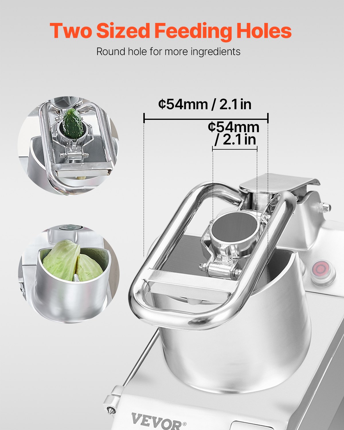VEVOR Procesador de Alimentos y Picador de Verduras 2 Orificios de Alimentación de Acero Inoxidable Picadora con 6 Cuchillas Desmontables, Trituradora de 3 mm/5 mm/7 mm/10 mm, Cortadora de 2 mm/4 mm