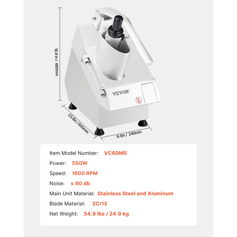 VEVOR Procesador de Alimentos y Picador de Verduras 2 Orificios de Alimentación de Acero Inoxidable Picadora con 6 Cuchillas Desmontables 550W 1600 RPM Trituradora de 3/5/7/10 mm, Cortadora de 2/4 mm