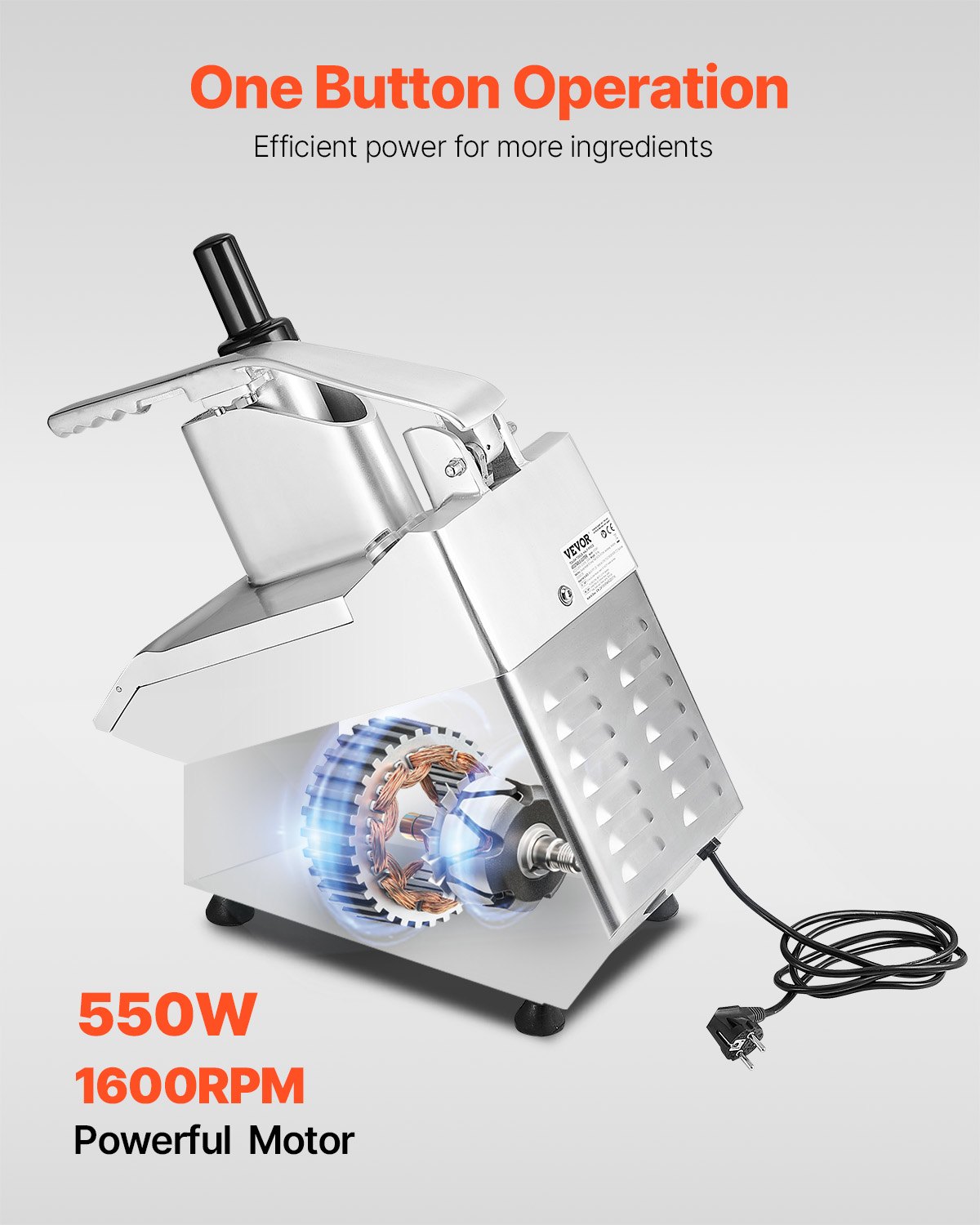 VEVOR Procesador de Alimentos y Picador de Verduras 2 Orificios de Alimentación de Acero Inoxidable Picadora con 6 Cuchillas Desmontables 550W 1600 RPM Trituradora de 3/5/7/10 mm, Cortadora de 2/4 mm