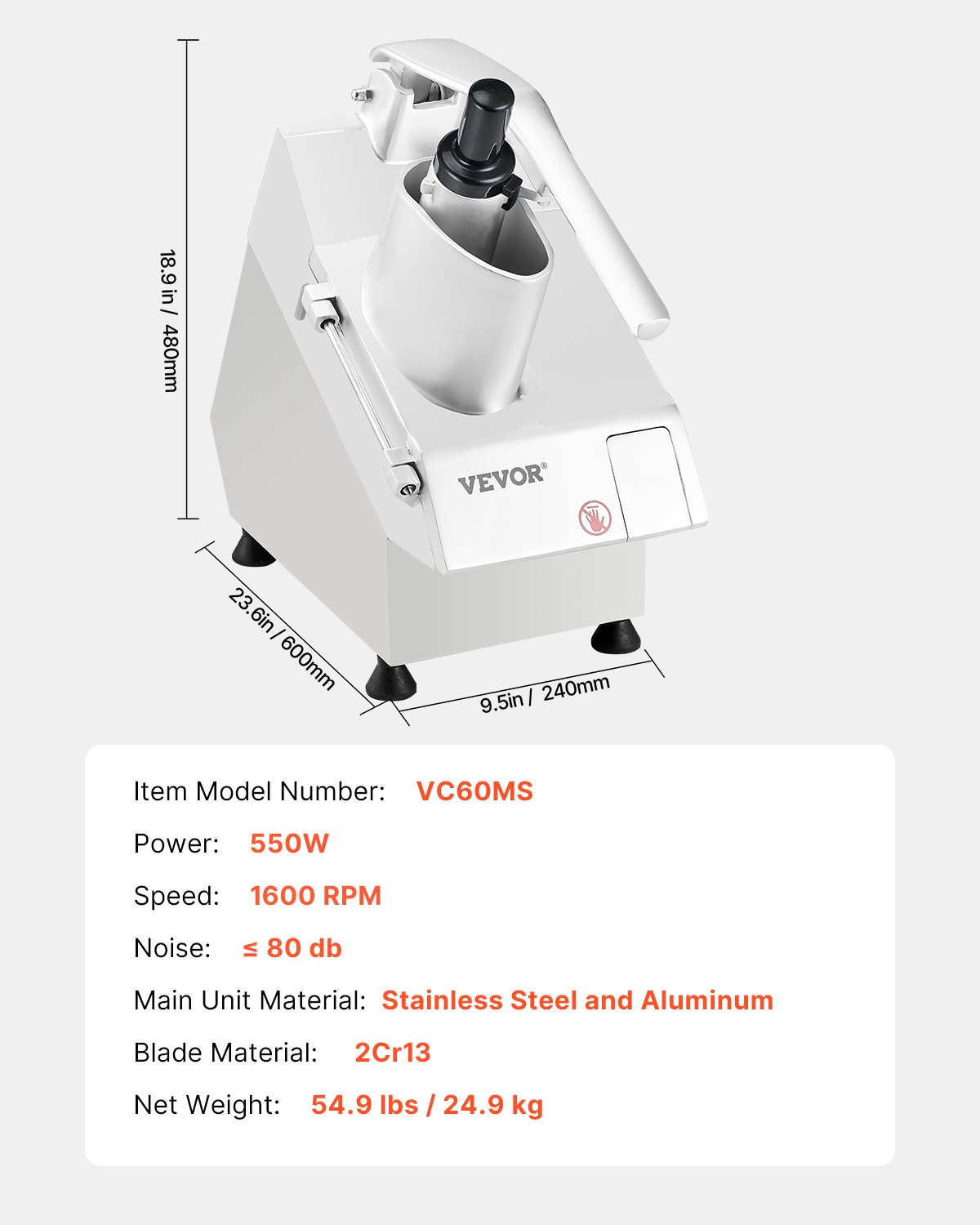 VEVOR Procesador de Alimentos y Picador de Verduras 2 Orificios de Alimentación de Acero Inoxidable Picadora con 6 Cuchillas Desmontables 550W 1600 RPM Trituradora de 3/5/7/10 mm, Cortadora de 2/4 mm