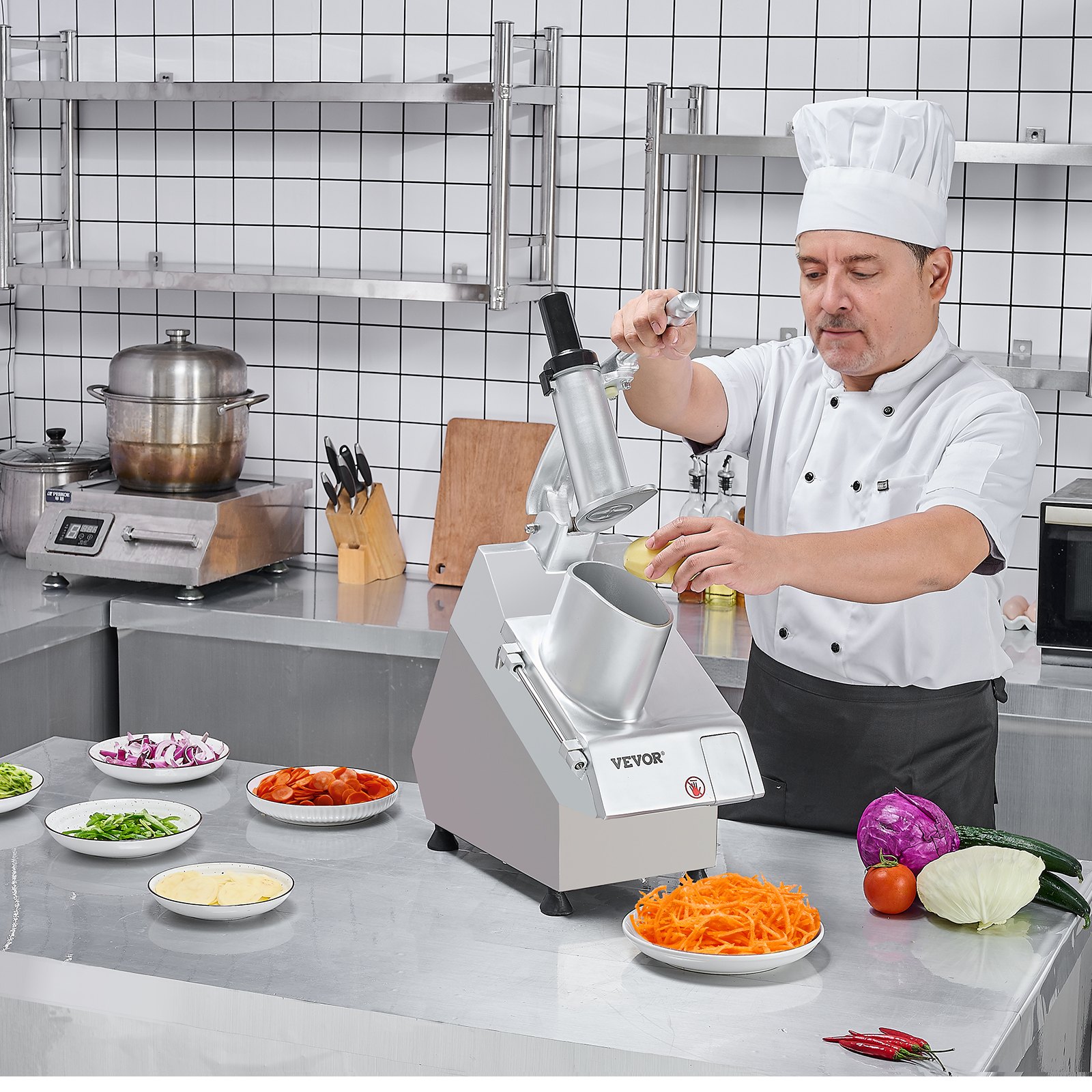 VEVOR Procesador de Alimentos y Picador de Verduras 2 Orificios de Alimentación de Acero Inoxidable Picadora con 6 Cuchillas Desmontables 550W 1600 RPM Trituradora de 3/5/7/10 mm, Cortadora de 2/4 mm
