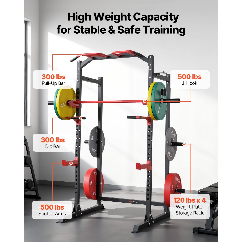 VEVOR Jaula de Potencia Multifuncional para Sentadillas con Barra y Altura Ajustable, para Gimnasio en Casa con Ganchos en J y más Accesorios de Fitness para Press de Banca, Dominadas y Fondos