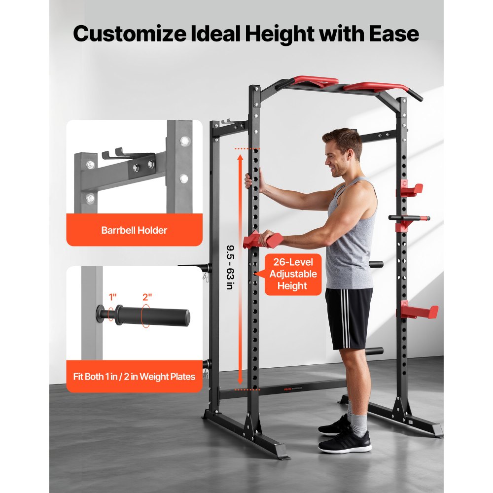 VEVOR Jaula de Potencia Multifuncional para Sentadillas con Barra y Altura Ajustable, para Gimnasio en Casa con Ganchos en J y más Accesorios de Fitness para Press de Banca, Dominadas y Fondos