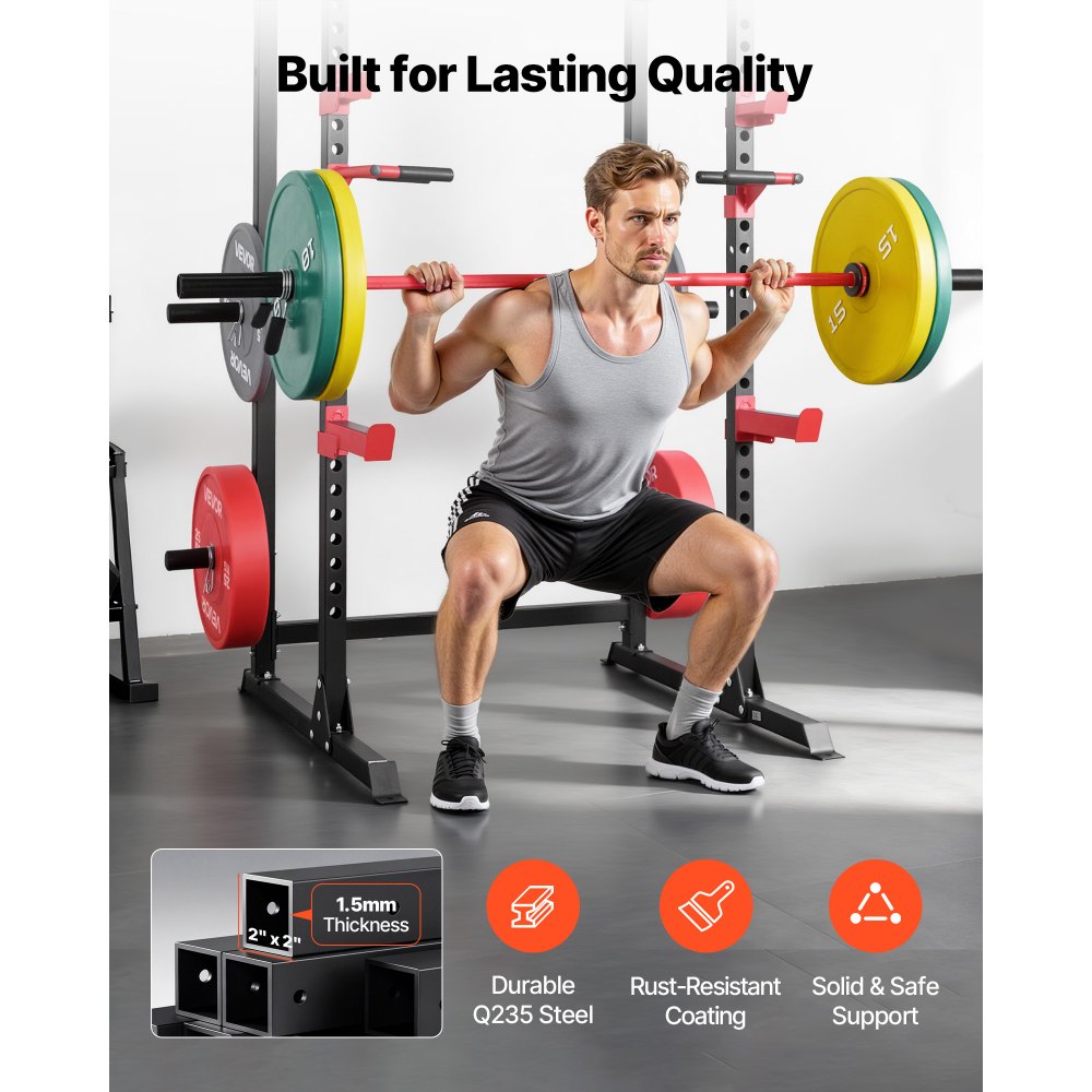 VEVOR Jaula de Potencia Multifuncional para Sentadillas con Barra y Altura Ajustable, para Gimnasio en Casa con Ganchos en J y más Accesorios de Fitness para Press de Banca, Dominadas y Fondos