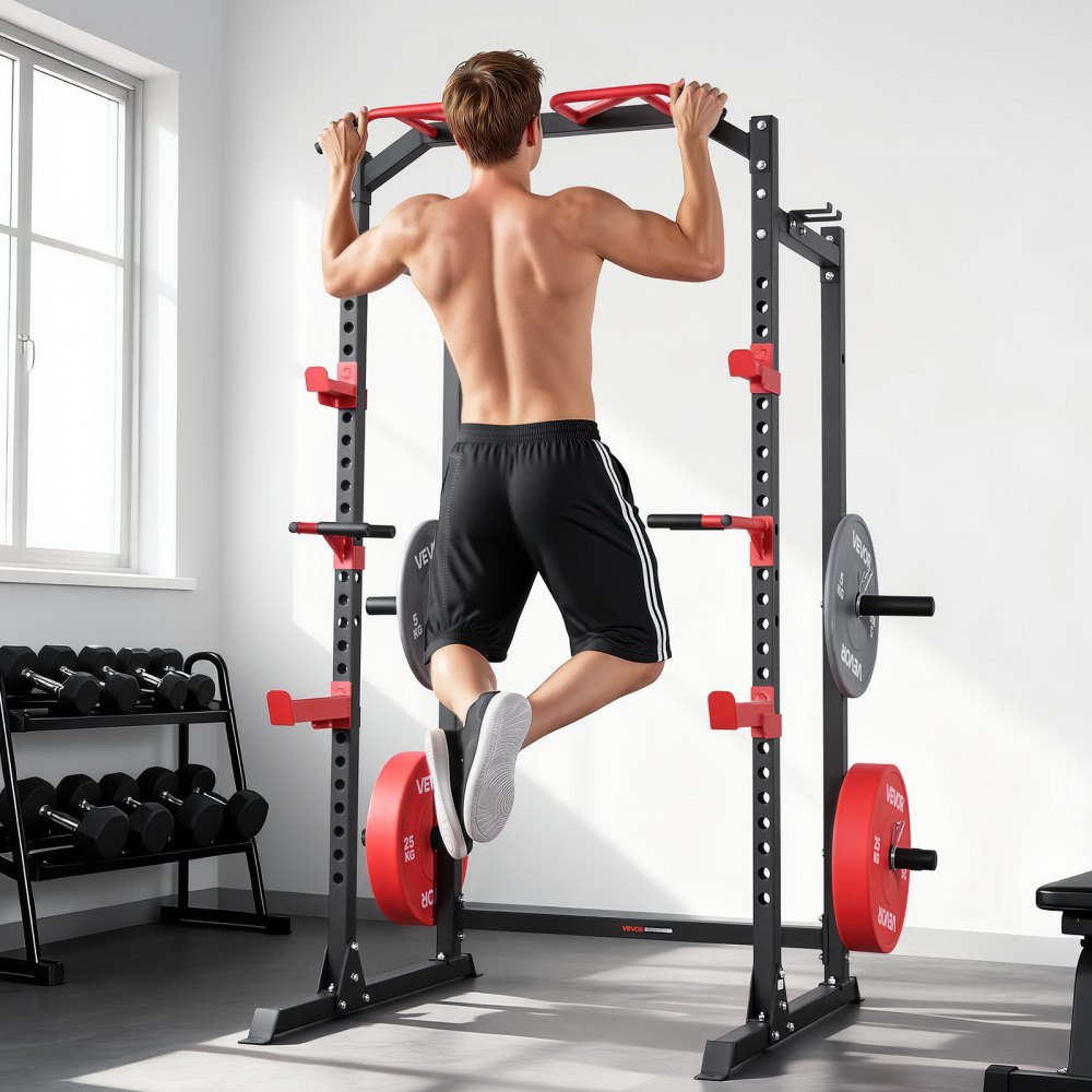 VEVOR Jaula de Potencia Multifuncional para Sentadillas con Barra y Altura Ajustable, para Gimnasio en Casa con Ganchos en J y más Accesorios de Fitness para Press de Banca, Dominadas y Fondos