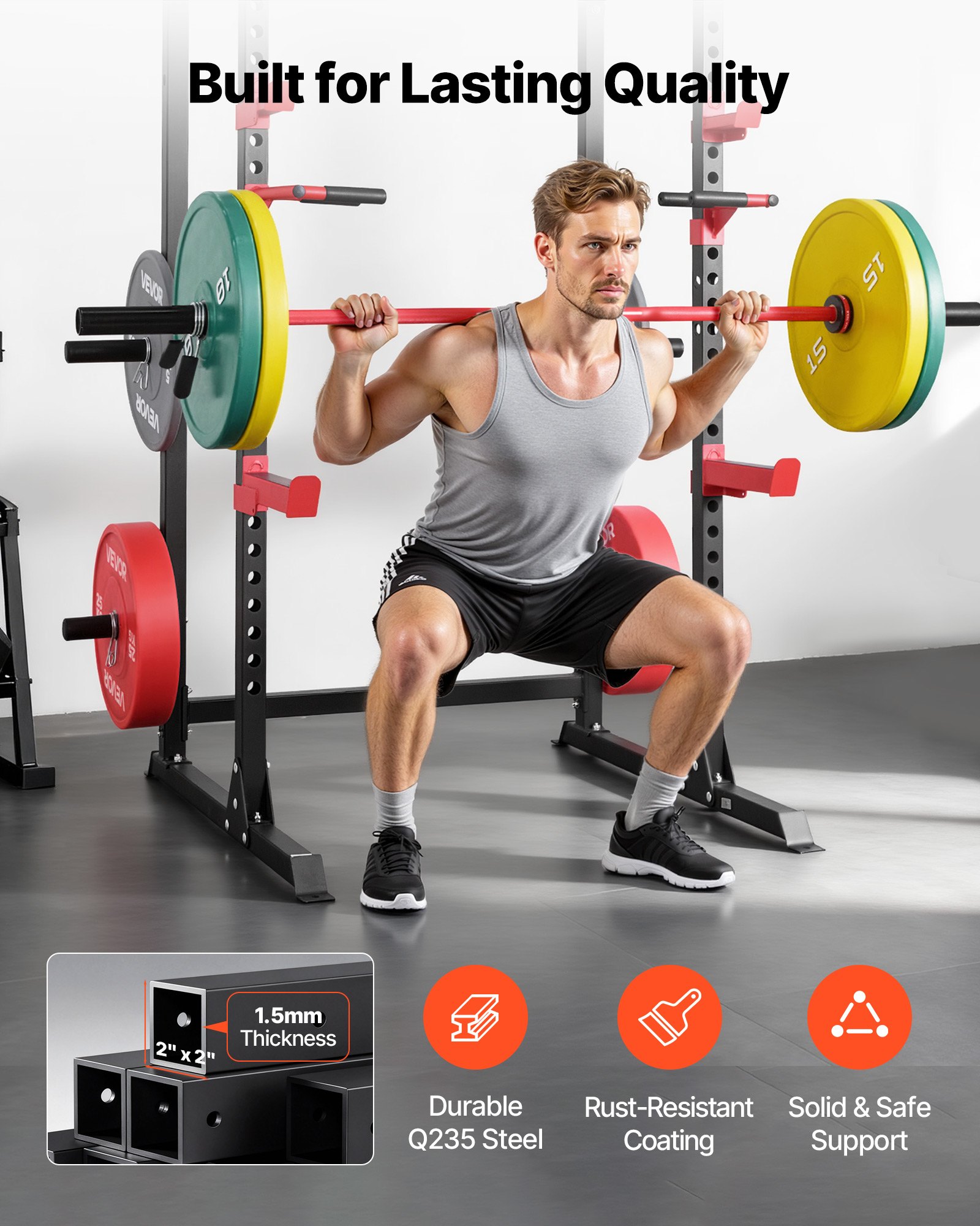 VEVOR Jaula de Potencia Multifuncional para Sentadillas con Barra y Altura Ajustable, para Gimnasio en Casa con Ganchos en J y más Accesorios de Fitness para Press de Banca, Dominadas y Fondos