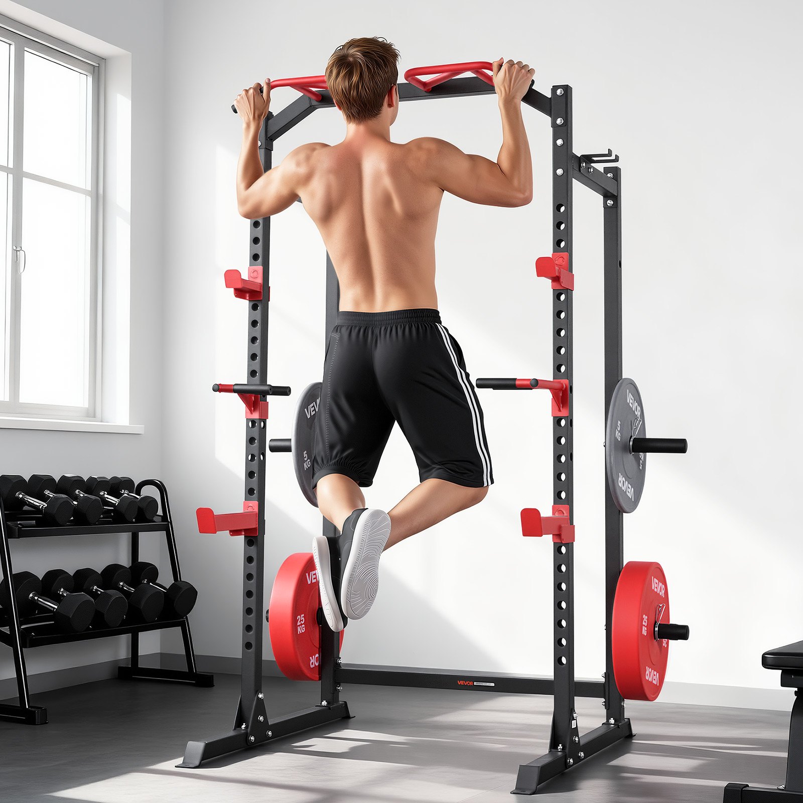 VEVOR Jaula de Potencia Multifuncional para Sentadillas con Barra y Altura Ajustable, para Gimnasio en Casa con Ganchos en J y más Accesorios de Fitness para Press de Banca, Dominadas y Fondos