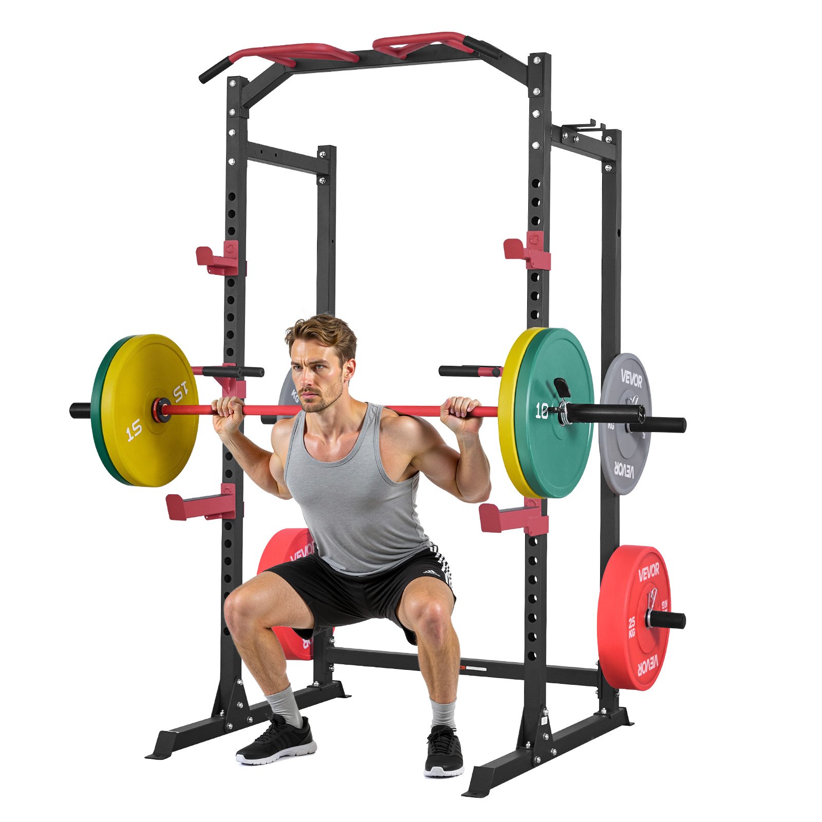 VEVOR Jaula de Potencia Multifuncional para Sentadillas con Barra y Altura Ajustable, para Gimnasio en Casa con Ganchos en J y más Accesorios de Fitness para Press de Banca, Dominadas y Fondos