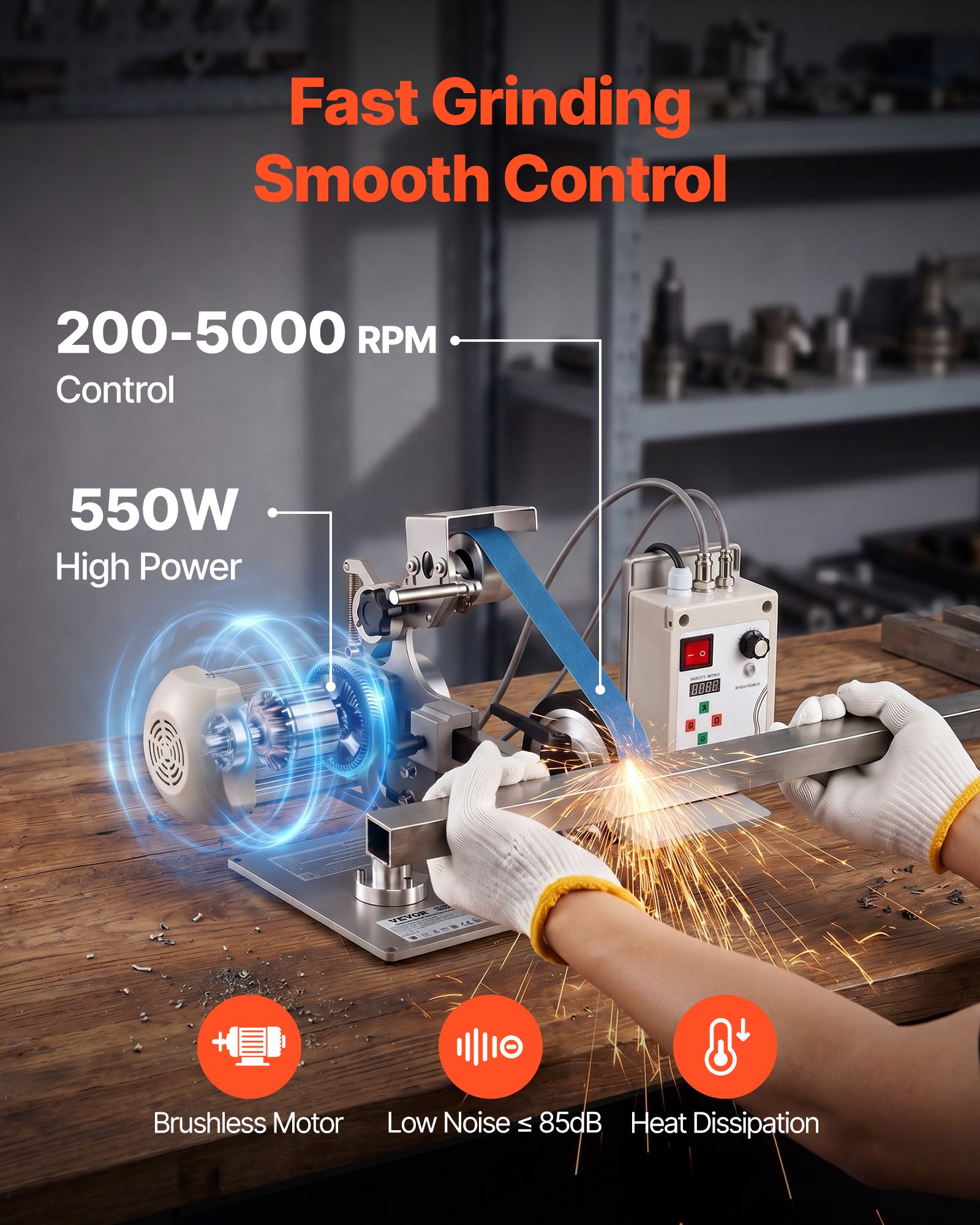 VEVOR Lijadora de Banda de 550 W con VFD Velocidad Variable 200 a 5000 RPM, 21 m/s Motor sin Escobillas, Amoladora de Lijado 762 x 25,4 mm, 2 Modos, 3 Bandas para Metal Madera Cuchillos Acero Taller