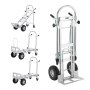 Carretilla de mano plegable de aluminio VEVOR que presenta cuatro configuraciones diferentes con ruedas dobles y simples.