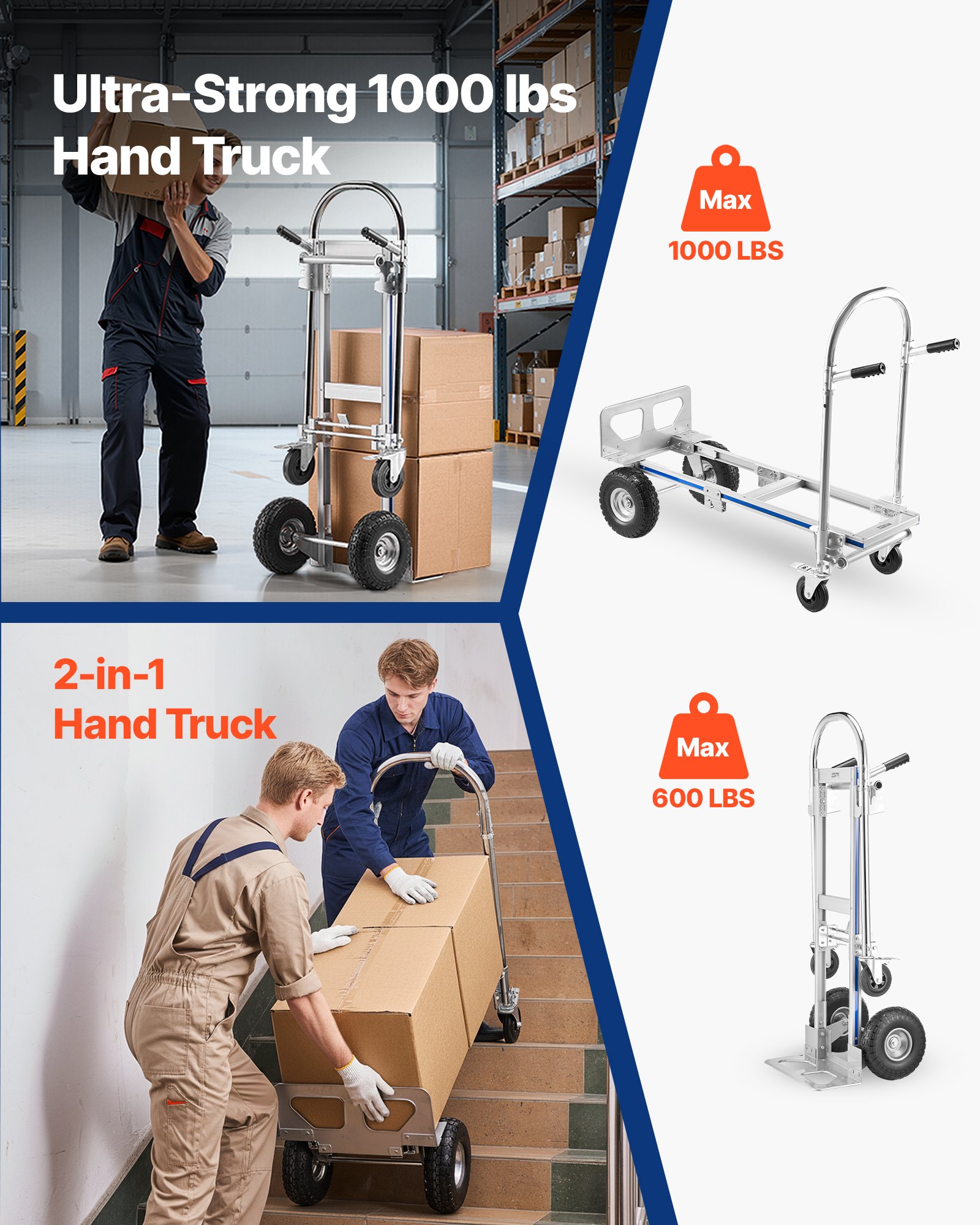 VEVOR Carretilla de Mano Plegable con Ruedas, Carro Plegable Carga Máxima de 453,6 kg, Convertible con Asa y Ruedas Antideslizantes, para Mudanzas para Casa, Oficina, Almacén, Supermercado, Mercado