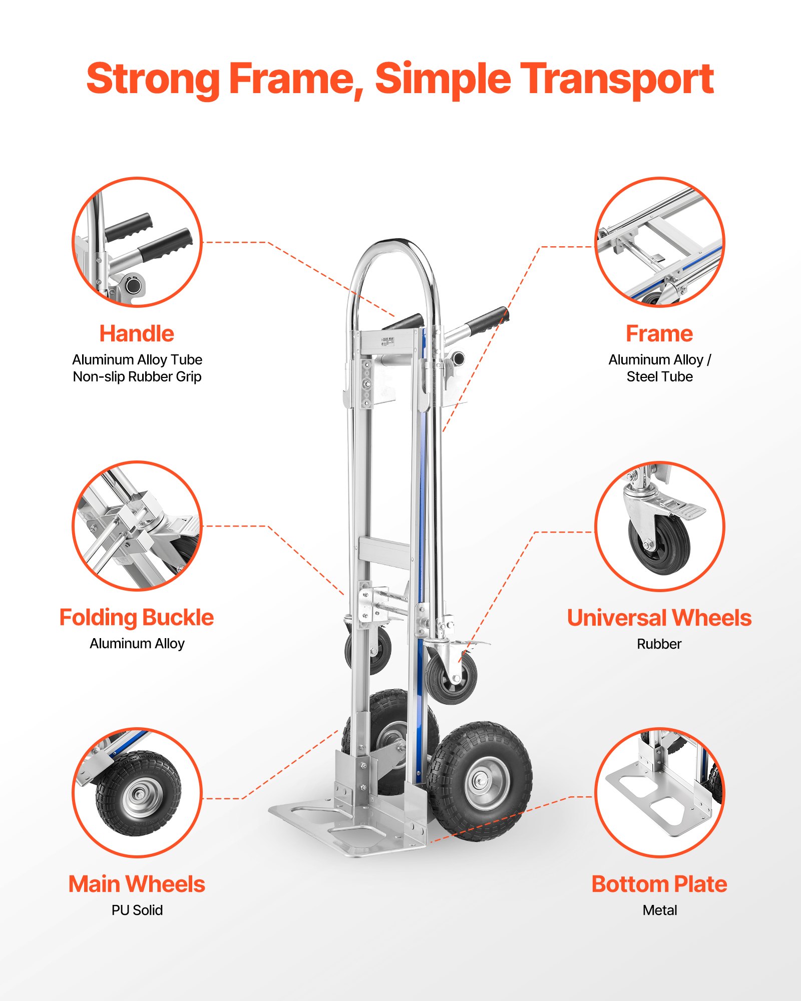 VEVOR Carretilla de Mano Plegable con Ruedas, Carro Plegable Carga Máxima de 453,6 kg, Convertible con Asa y Ruedas Antideslizantes, para Mudanzas para Casa, Oficina, Almacén, Supermercado, Mercado