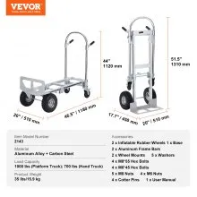 VEVOR Carretilla de mano plegable de aluminio Carretilla de mano 2 en 1 Carro de manipulación móvil Carga 454 kg Carretilla de mano convertible en carro de plataforma Ruedas de goma de PU