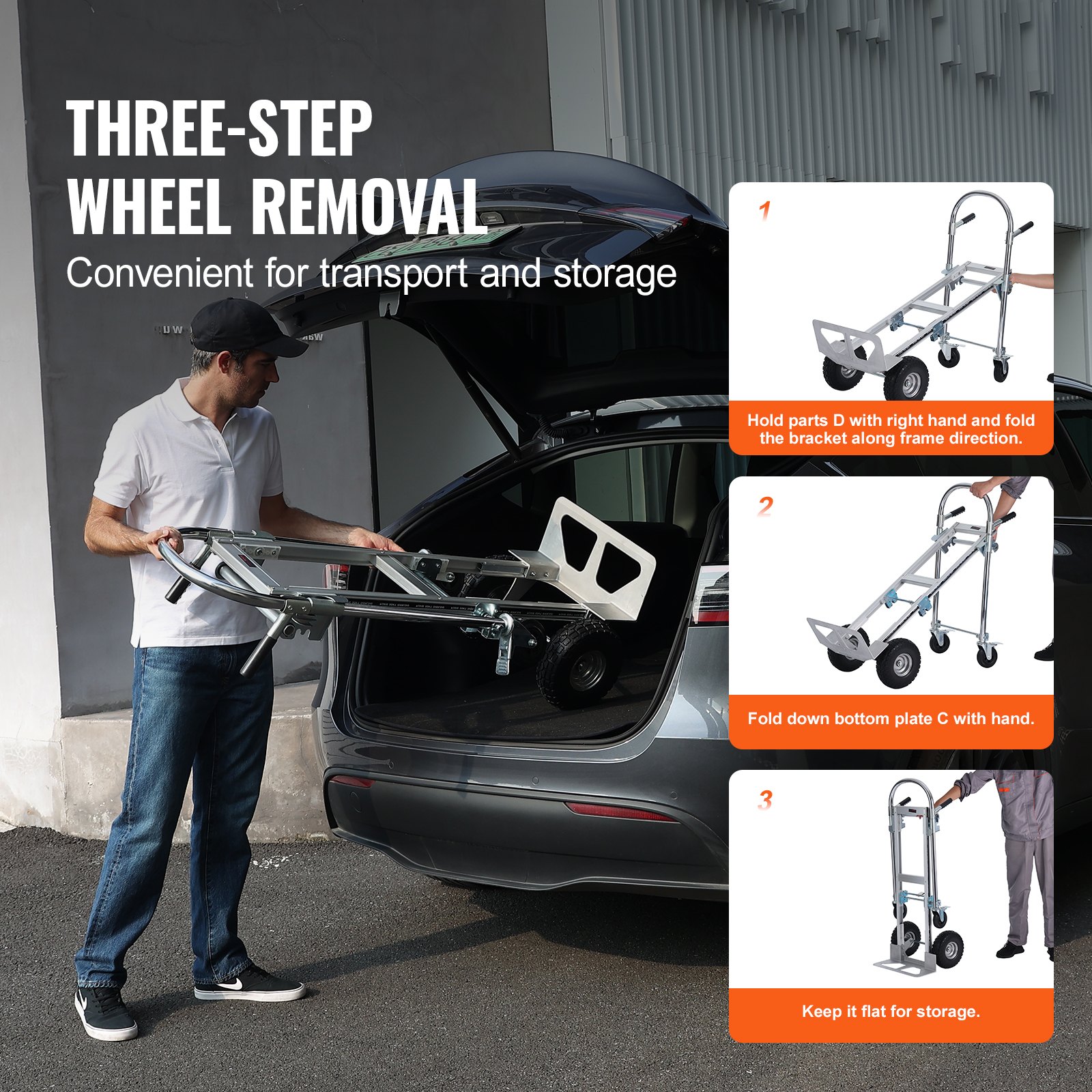 Extracción de ruedas en tres pasos de la carretilla manual plegable de aluminio VEVOR para un transporte y almacenamiento cómodos.