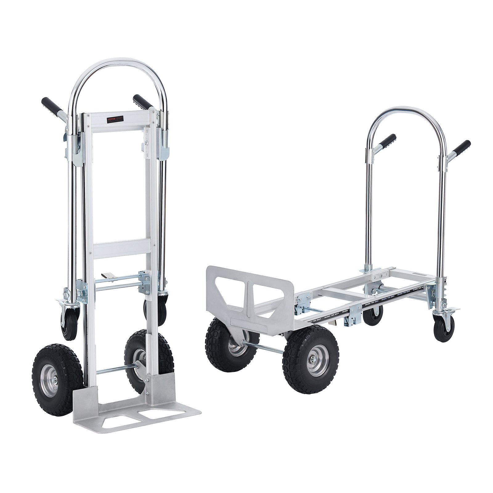 Carretilla de mano plegable de aluminio VEVOR en posición vertical y plana, mostrando su versatilidad.