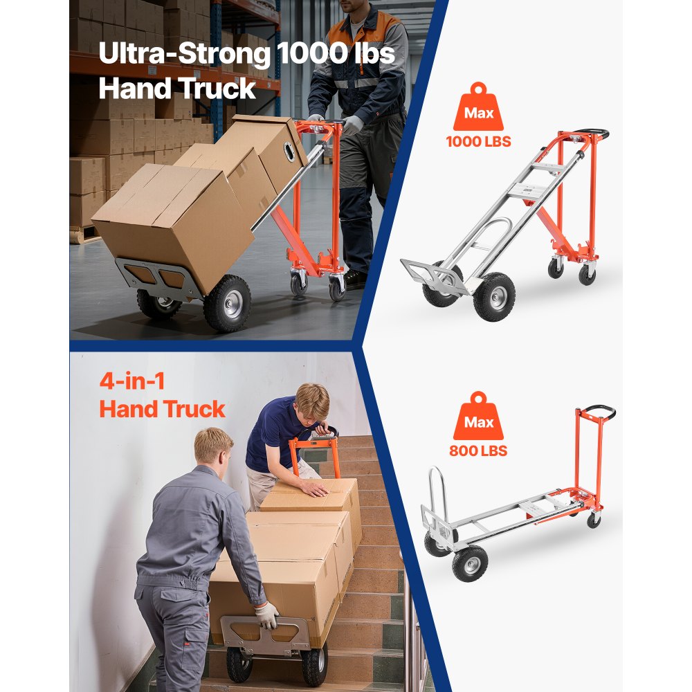VEVOR Carretilla de Mano Plegable de Aleación de Aluminio, Carro Plegable con Ruedas Carga Máxima de 453,6 kg, Convertible con Asa y Ruedas Antideslizantes, para Mudanzas de Casa, Oficina, Almacén