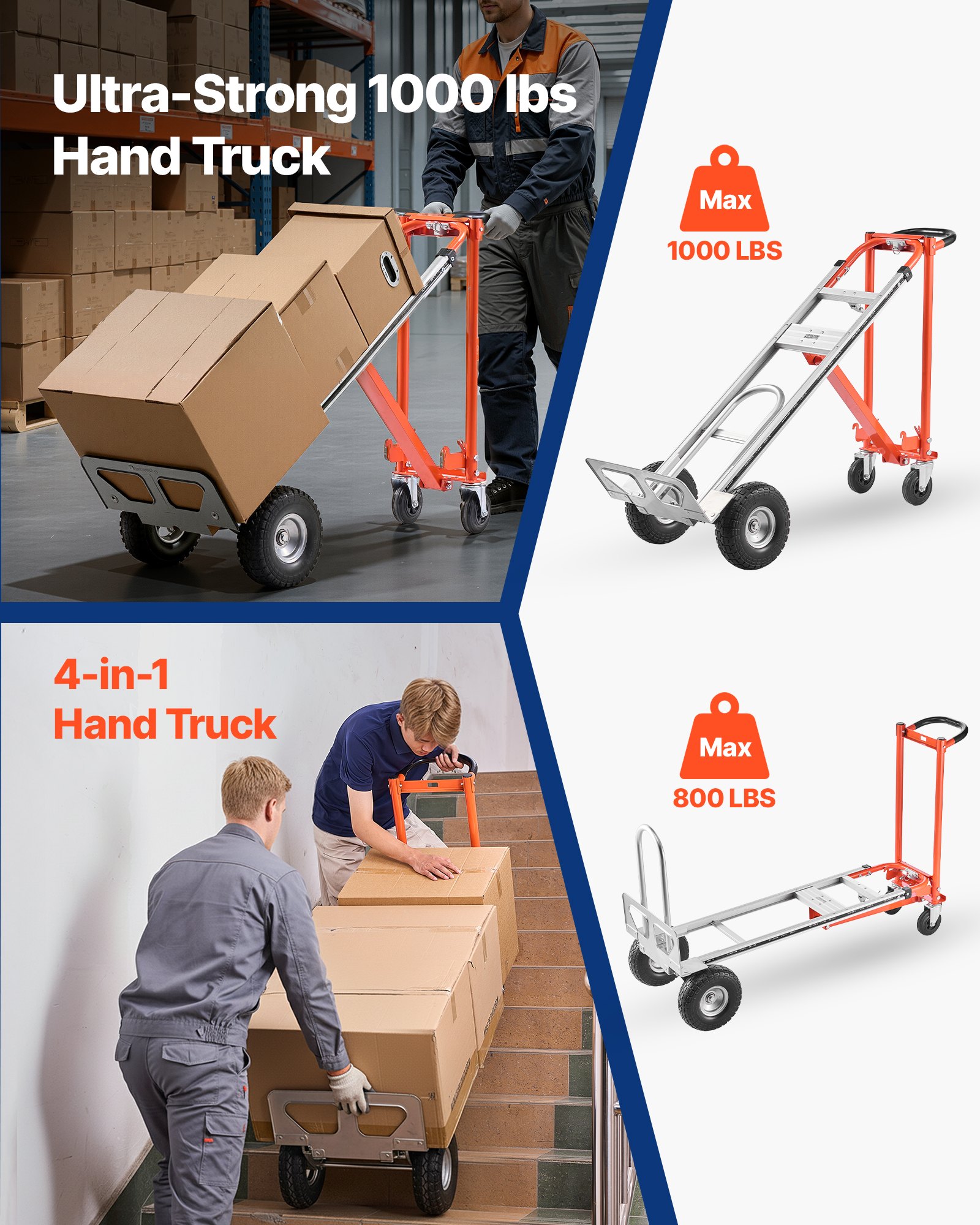 VEVOR Carretilla de Mano Plegable de Aleación de Aluminio, Carro Plegable con Ruedas Carga Máxima de 453,6 kg, Convertible con Asa y Ruedas Antideslizantes, para Mudanzas de Casa, Oficina, Almacén