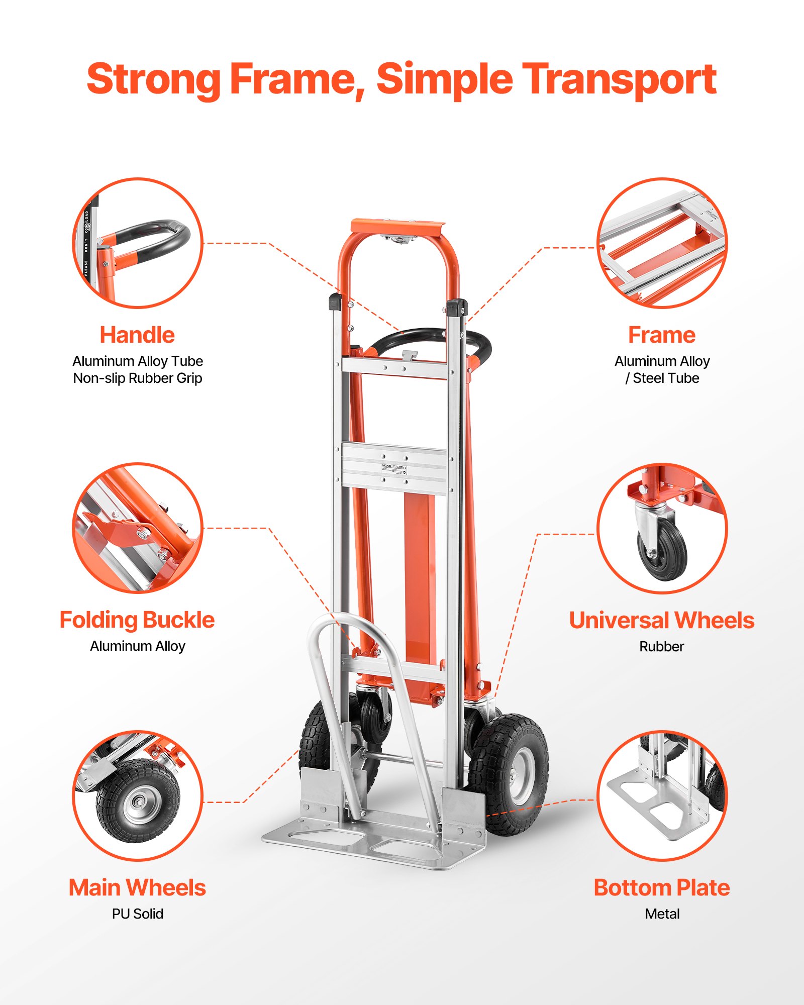VEVOR Carretilla de Mano Plegable de Aleación de Aluminio, Carro Plegable con Ruedas Carga Máxima de 453,6 kg, Convertible con Asa y Ruedas Antideslizantes, para Mudanzas de Casa, Oficina, Almacén