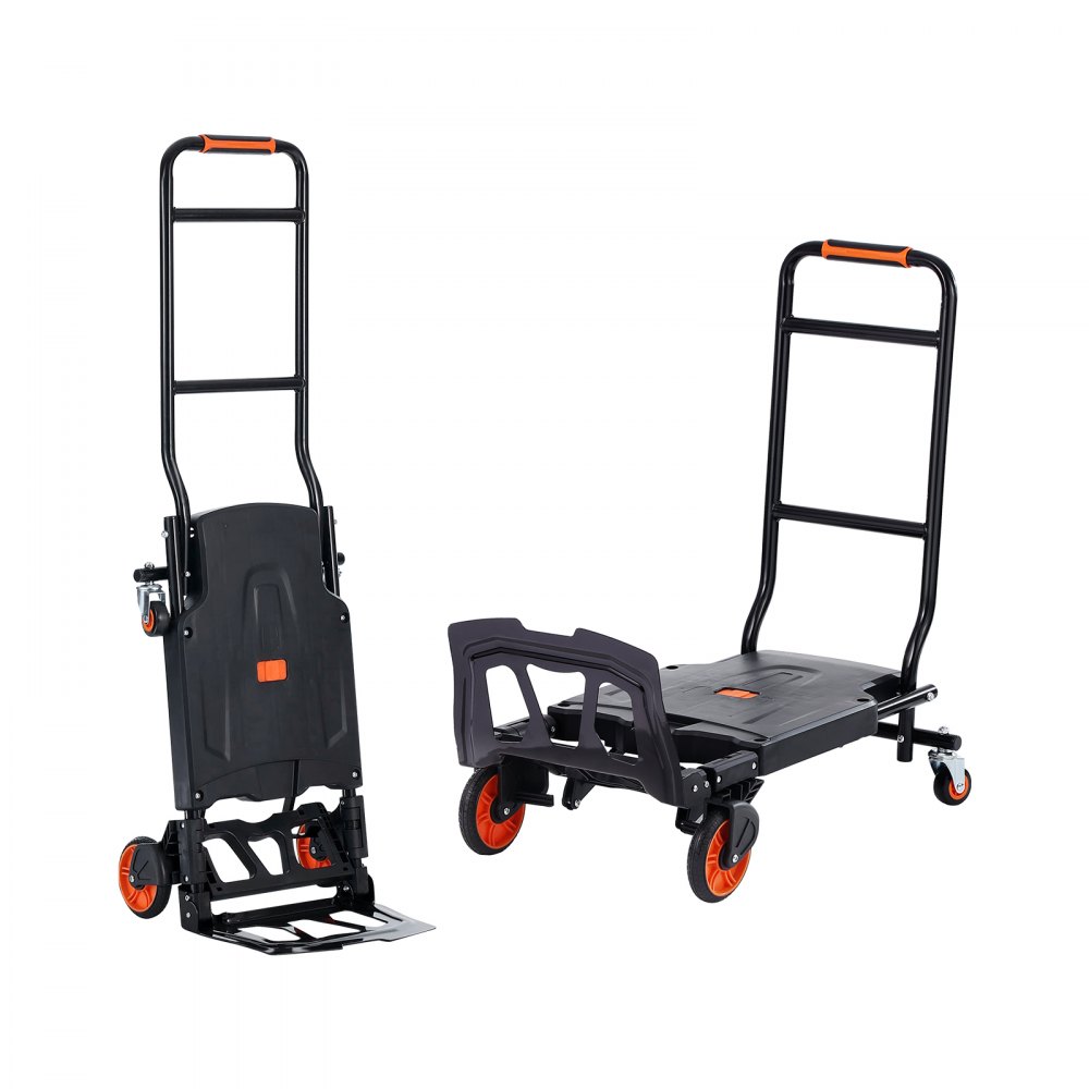 Carretilla de mano de aluminio VEVOR en posición vertical y plana, marco negro con ruedas y detalles en color naranja.