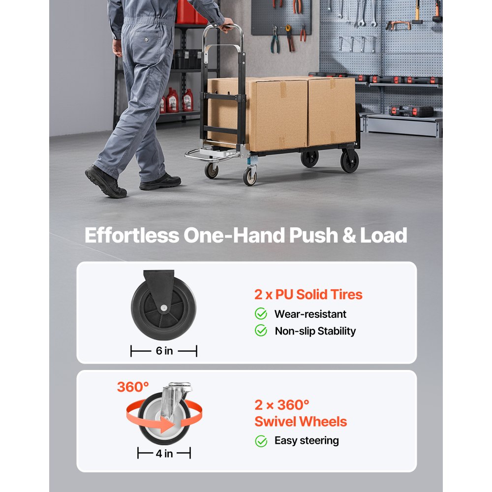 VEVOR Carretilla de Mano Plegable 2 en 1, Capacidad de 227 kg, en Modo de 4 Ruedas, Carrito de Transporte Convertible con Asa Ajustable, para Mudanzas, Oficina y Almacén, 1115 x 415 x 925 mm