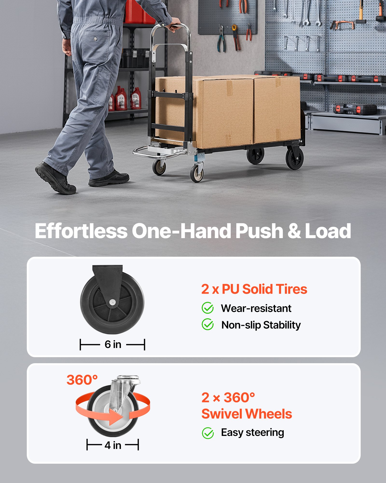 VEVOR Carretilla de Mano Plegable 2 en 1, Capacidad de 227 kg, en Modo de 4 Ruedas, Carrito de Transporte Convertible con Asa Ajustable, para Mudanzas, Oficina y Almacén, 1115 x 415 x 925 mm