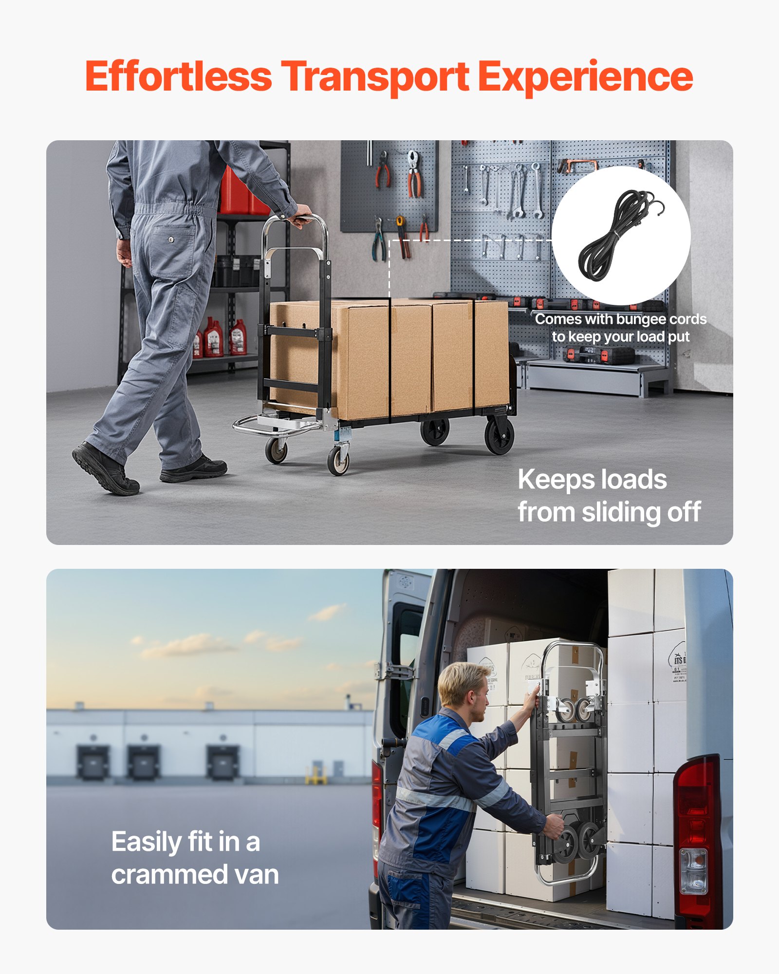 VEVOR Carretilla de Mano Plegable 2 en 1, Capacidad de 227 kg, en Modo de 4 Ruedas, Carrito de Transporte Convertible con Asa Ajustable, para Mudanzas, Oficina y Almacén, 1115 x 415 x 925 mm