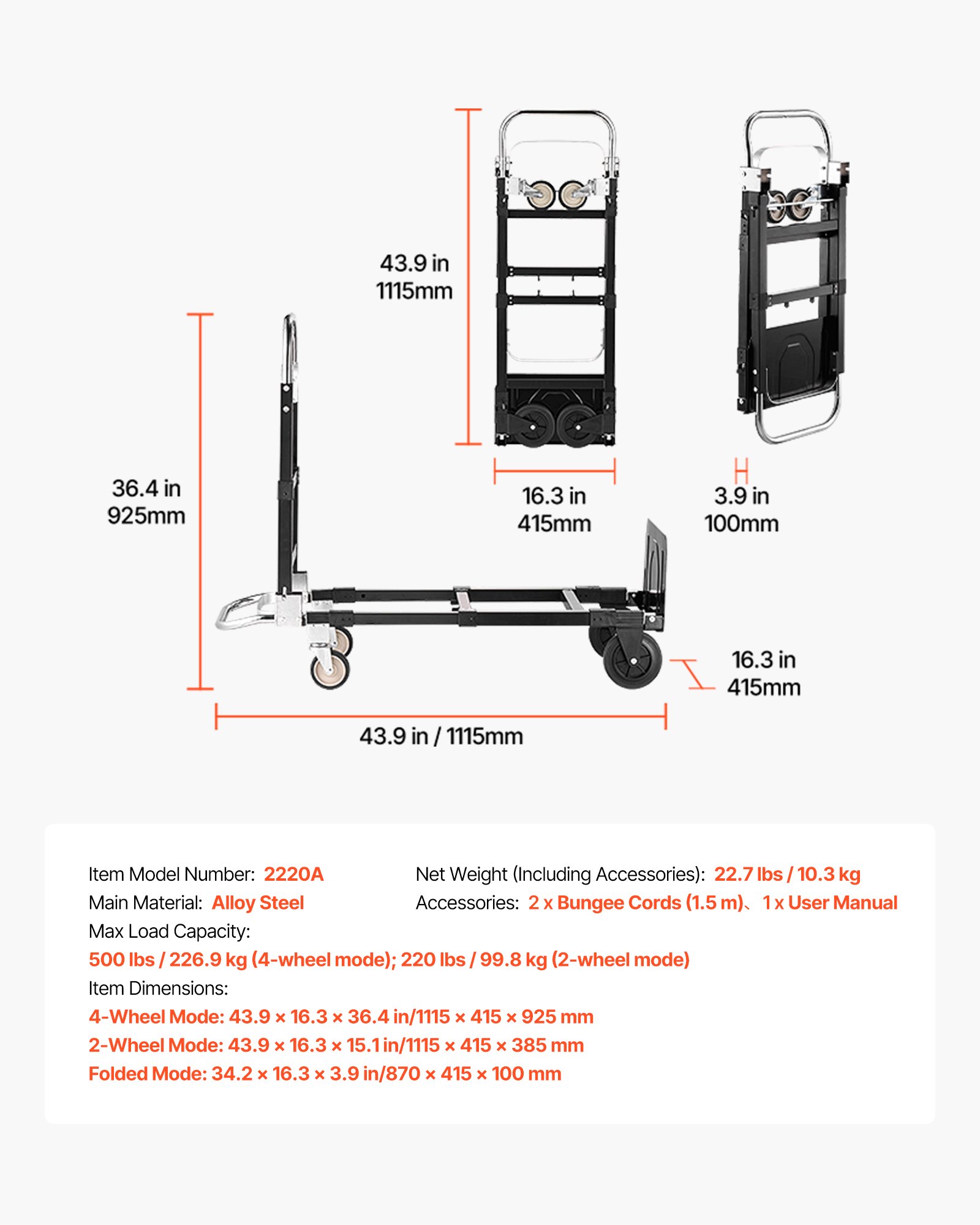 VEVOR Carretilla de Mano Plegable 2 en 1, Capacidad de 227 kg, en Modo de 4 Ruedas, Carrito de Transporte Convertible con Asa Ajustable, para Mudanzas, Oficina y Almacén, 1115 x 415 x 925 mm