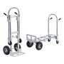 Carretilla de mano de aluminio VEVOR en posición vertical y plana, con ruedas resistentes y manijas ergonómicas.