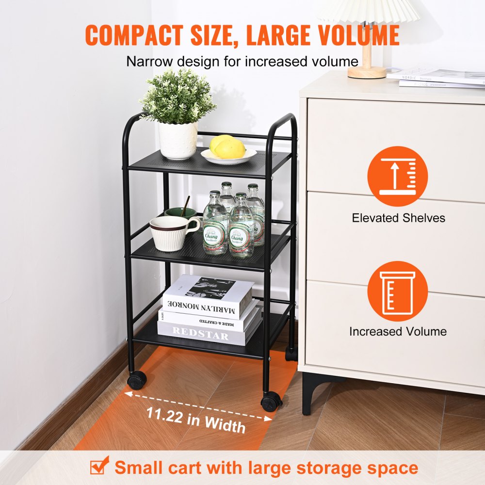 VEVOR Carro con Ruedas de 3 Niveles Carro de Almacenamiento Multifuncional 400x285x748 mm Ruedas Bloqueables con Asa Carro Móvil para Almacenamiento, Lavandería, Oficina, Sala de Estar, Cocina, Negro