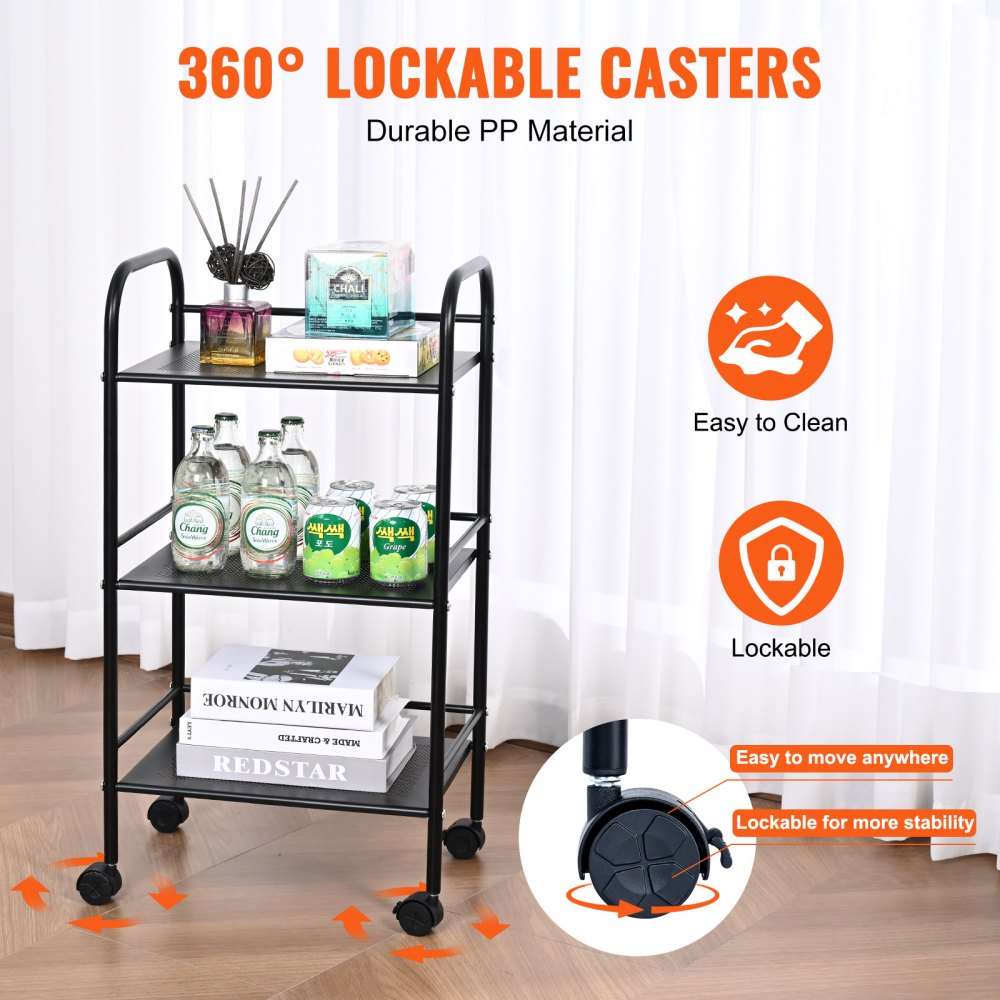 VEVOR Carro con Ruedas de 3 Niveles Carro de Almacenamiento Multifuncional 400x285x748 mm Ruedas Bloqueables con Asa Carro Móvil para Almacenamiento, Lavandería, Oficina, Sala de Estar, Cocina, Negro