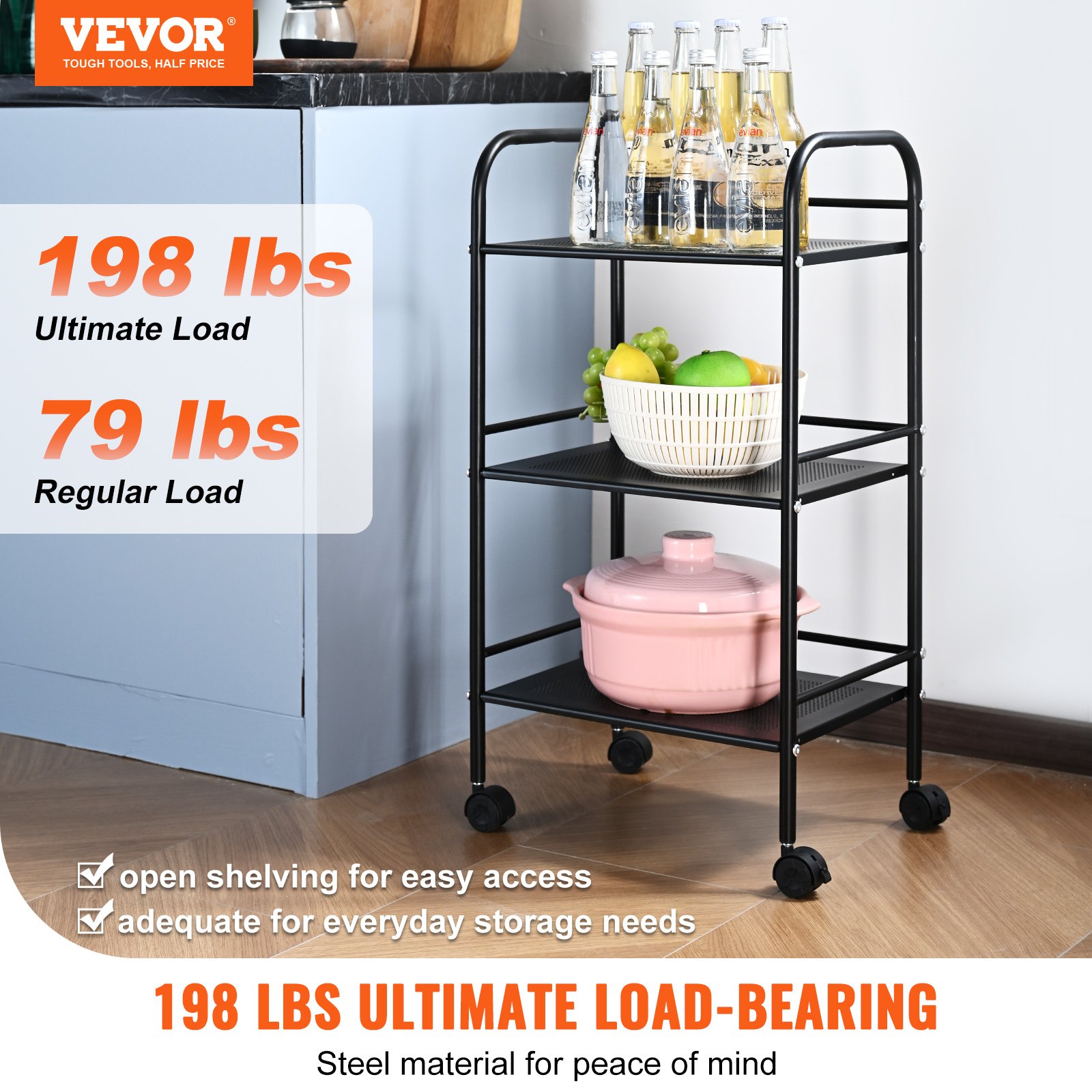 VEVOR Carro con Ruedas de 3 Niveles Carro de Almacenamiento Multifuncional 400x285x748 mm Ruedas Bloqueables con Asa Carro Móvil para Almacenamiento, Lavandería, Oficina, Sala de Estar, Cocina, Negro