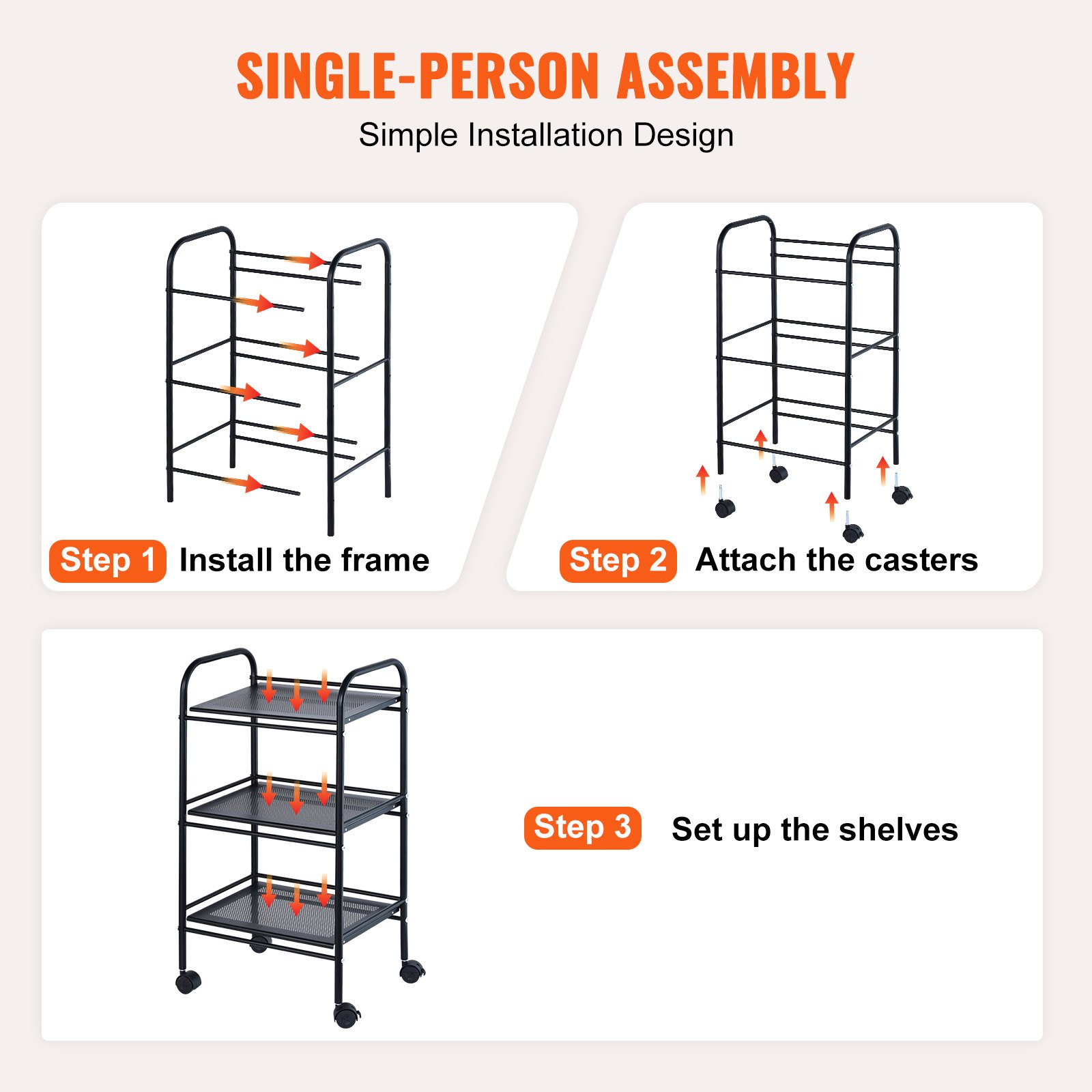 VEVOR Carro con Ruedas de 3 Niveles Carro de Almacenamiento Multifuncional 400x285x748 mm Ruedas Bloqueables con Asa Carro Móvil para Almacenamiento, Lavandería, Oficina, Sala de Estar, Cocina, Negro