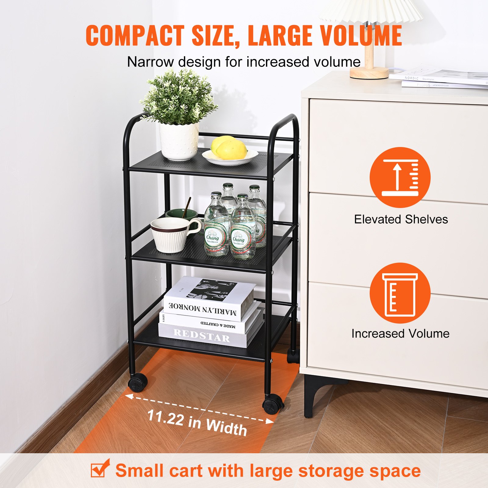 VEVOR Carro con Ruedas de 3 Niveles Carro de Almacenamiento Multifuncional 400x285x748 mm Ruedas Bloqueables con Asa Carro Móvil para Almacenamiento, Lavandería, Oficina, Sala de Estar, Cocina, Negro