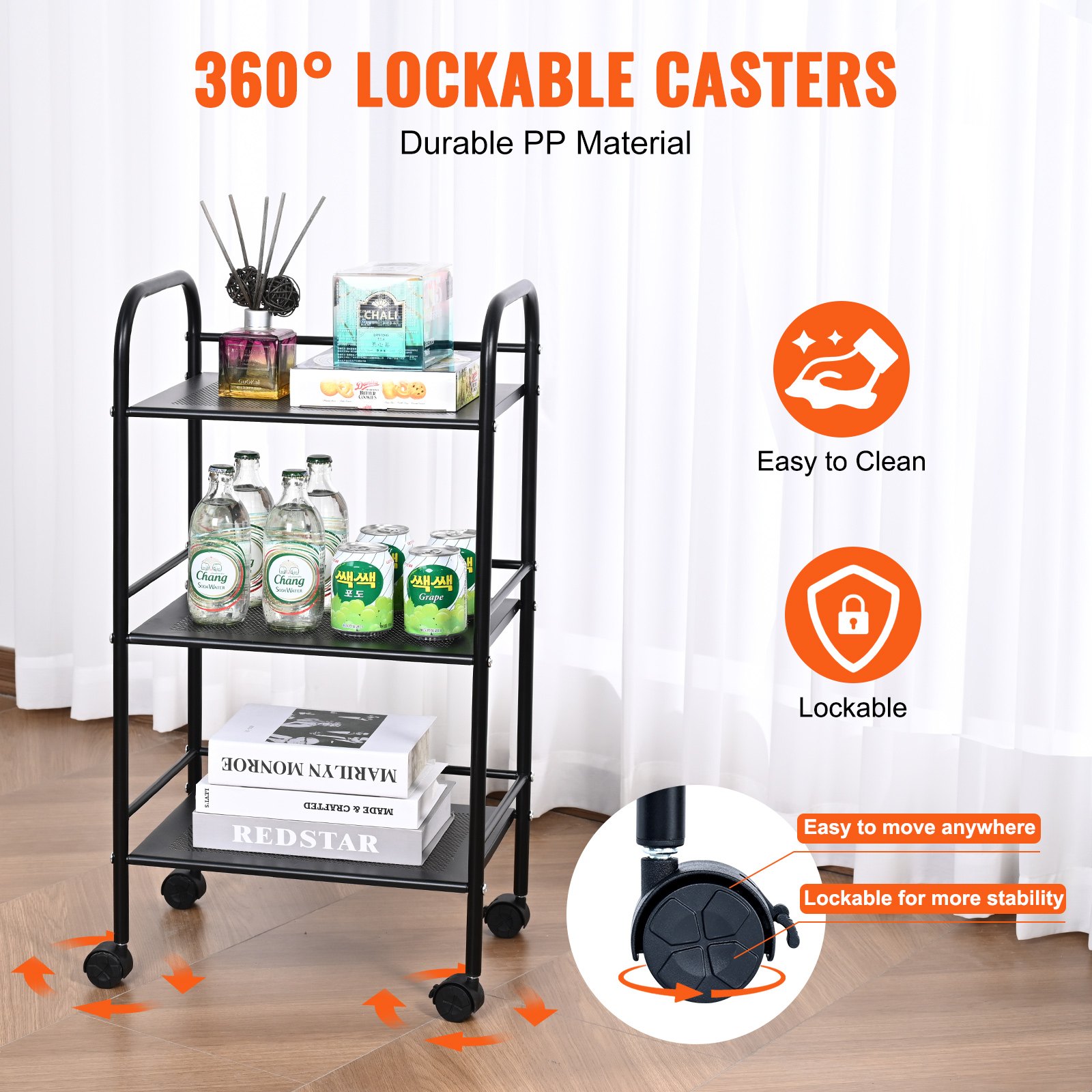 VEVOR Carro con Ruedas de 3 Niveles Carro de Almacenamiento Multifuncional 400x285x748 mm Ruedas Bloqueables con Asa Carro Móvil para Almacenamiento, Lavandería, Oficina, Sala de Estar, Cocina, Negro