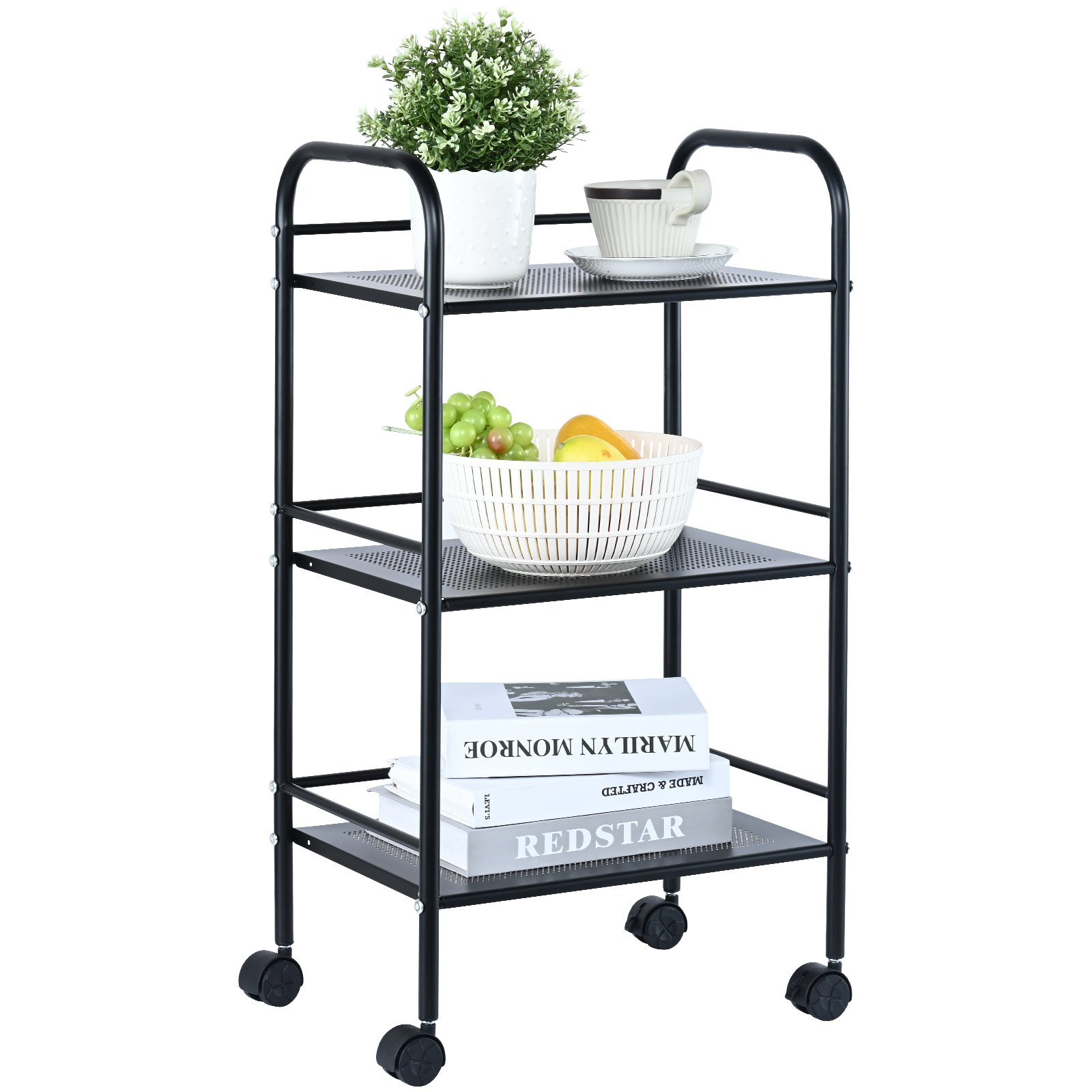 VEVOR Carro con Ruedas de 3 Niveles Carro de Almacenamiento Multifuncional 400x285x748 mm Ruedas Bloqueables con Asa Carro Móvil para Almacenamiento, Lavandería, Oficina, Sala de Estar, Cocina, Negro