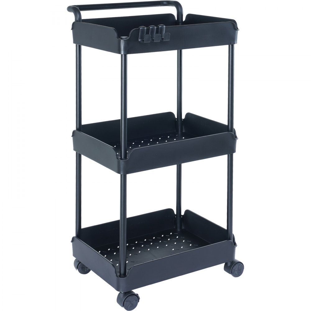 VEVOR Carro con Ruedas de 3 Niveles Carro de Almacenamiento Multifuncional 370x355x761 mm Ruedas Bloqueables con Asa Carro Móvil Cestas de PP para Lavandería, Oficina, Sala de Estar, Cocina, Negro