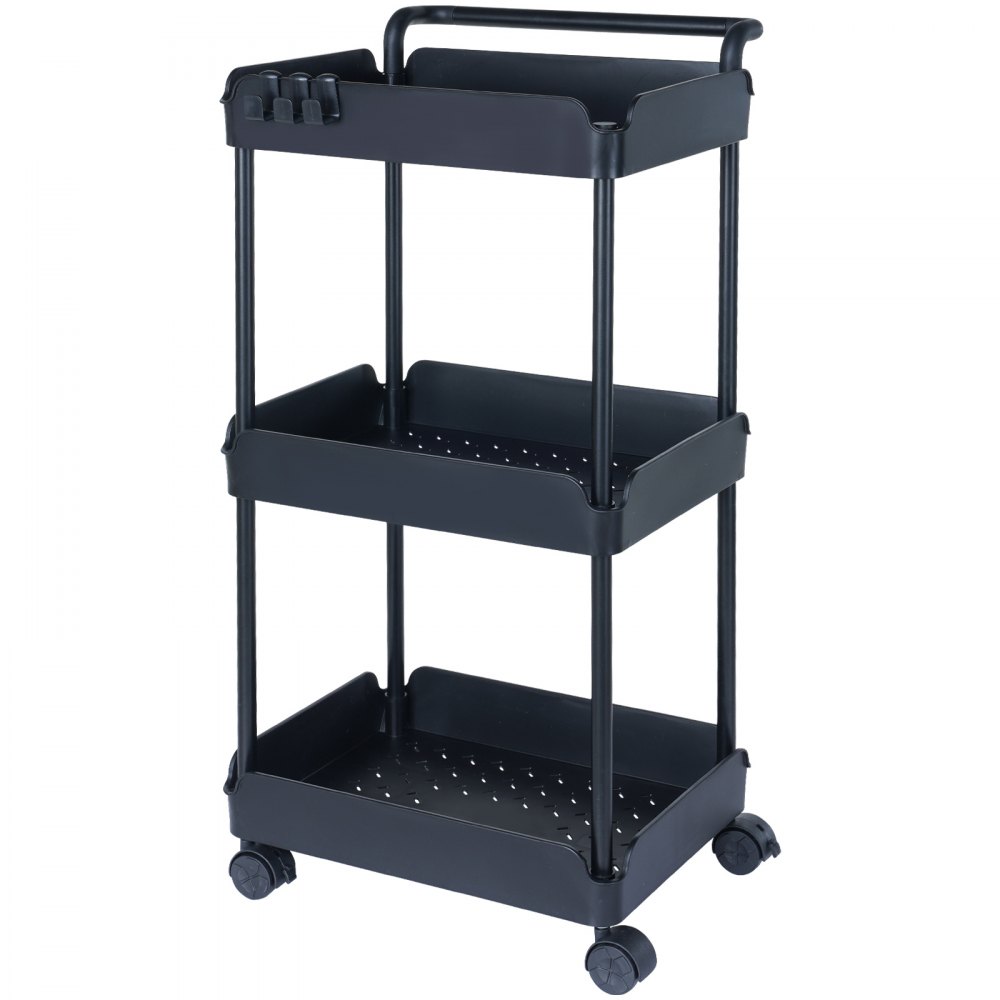 VEVOR Carro con Ruedas de 3 Niveles Carro de Almacenamiento Multifuncional 370x355x761 mm Ruedas Bloqueables con Asa Carro Móvil Cestas de PP para Lavandería, Oficina, Sala de Estar, Cocina, Negro