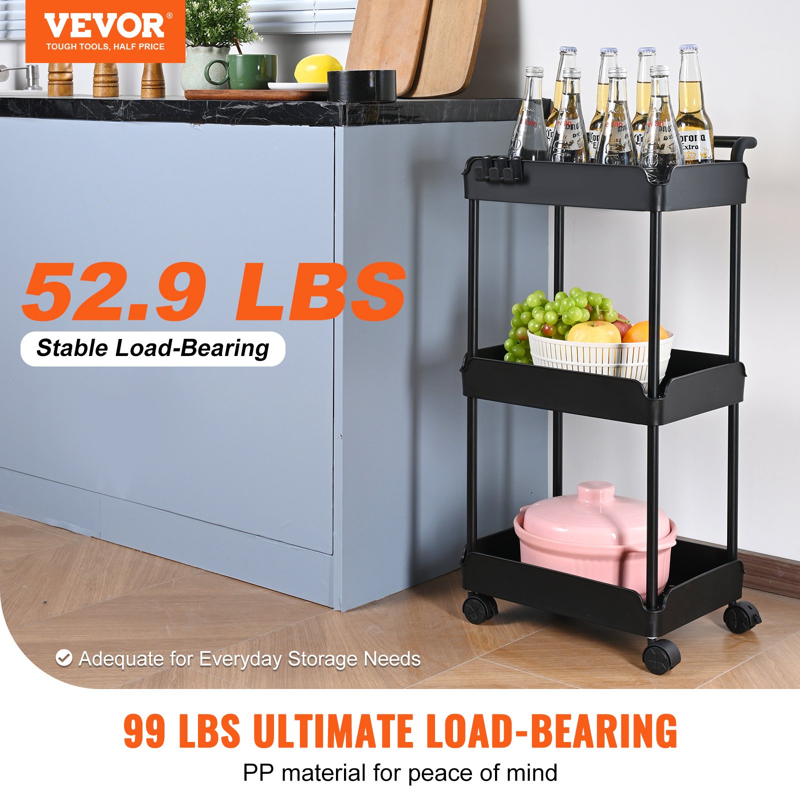 VEVOR Carro con Ruedas de 3 Niveles Carro de Almacenamiento Multifuncional 370x355x761 mm Ruedas Bloqueables con Asa Carro Móvil Cestas de PP para Lavandería, Oficina, Sala de Estar, Cocina, Negro