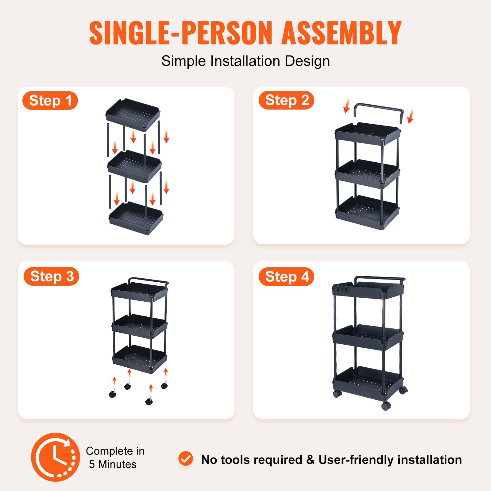VEVOR Carro con Ruedas de 3 Niveles Carro de Almacenamiento Multifuncional 370x355x761 mm Ruedas Bloqueables con Asa Carro Móvil Cestas de PP para Lavandería, Oficina, Sala de Estar, Cocina, Negro