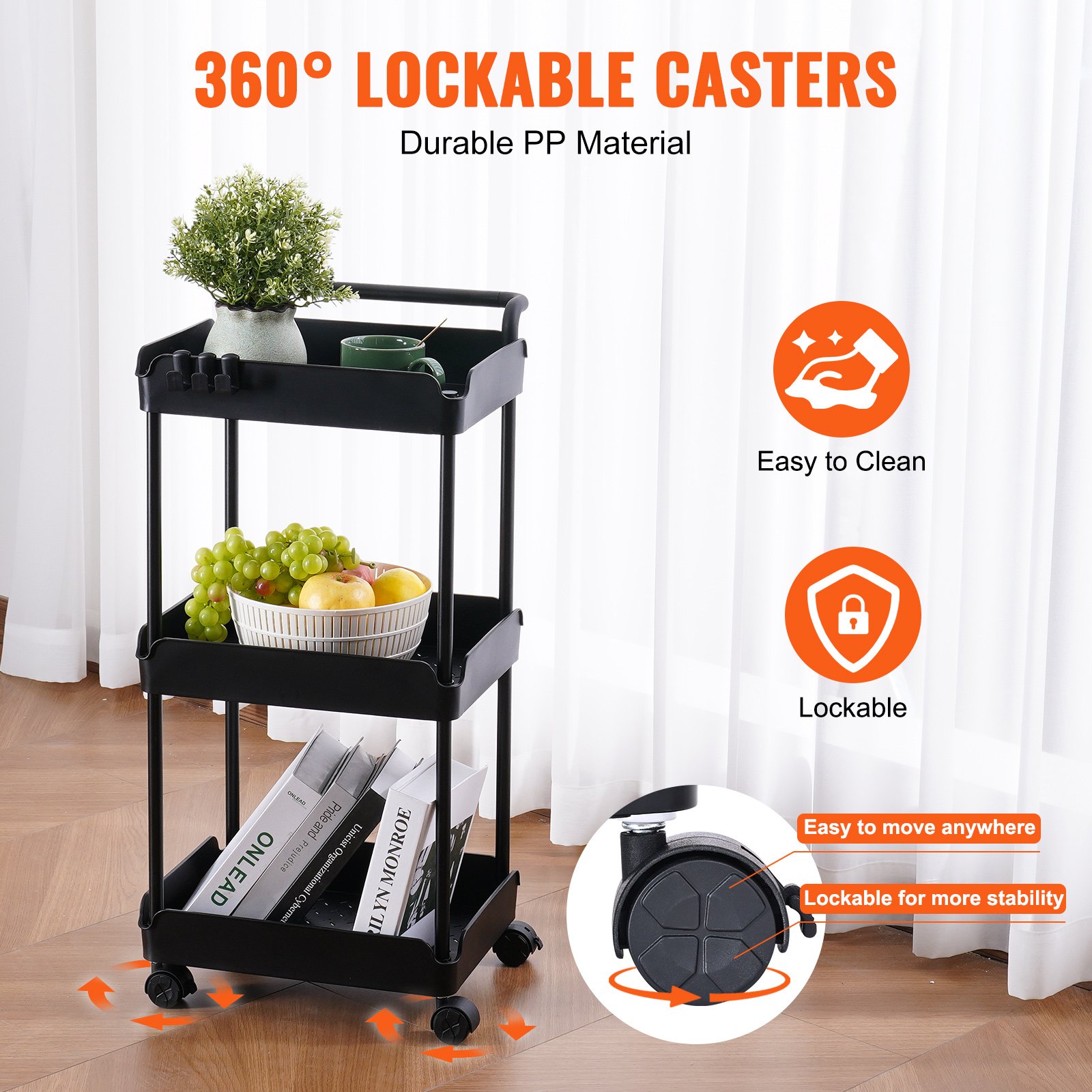 VEVOR Carro con Ruedas de 3 Niveles Carro de Almacenamiento Multifuncional 370x355x761 mm Ruedas Bloqueables con Asa Carro Móvil Cestas de PP para Lavandería, Oficina, Sala de Estar, Cocina, Negro