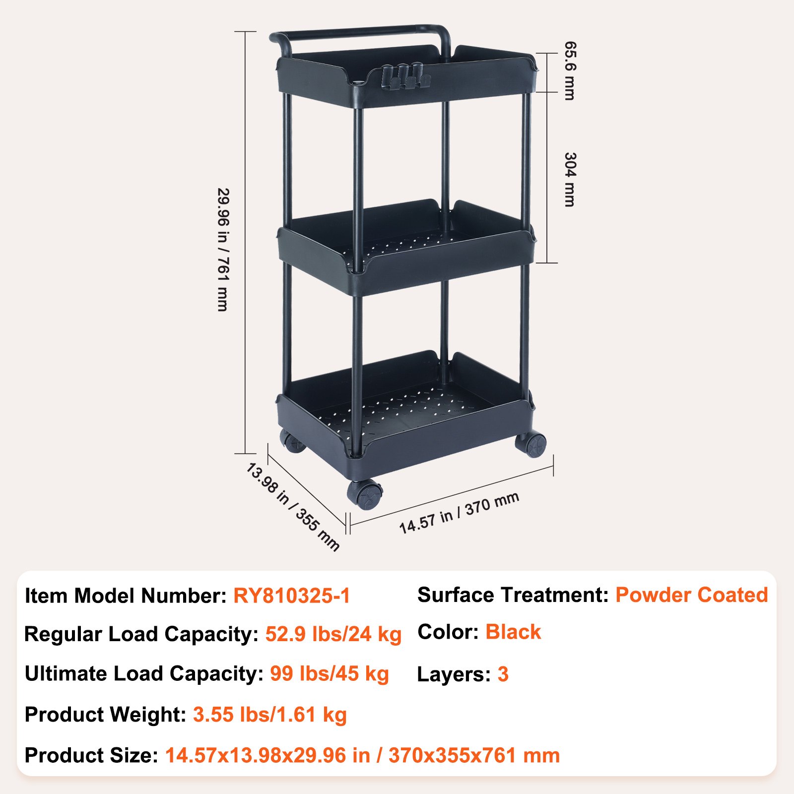 VEVOR Carro con Ruedas de 3 Niveles Carro de Almacenamiento Multifuncional 370x355x761 mm Ruedas Bloqueables con Asa Carro Móvil Cestas de PP para Lavandería, Oficina, Sala de Estar, Cocina, Negro