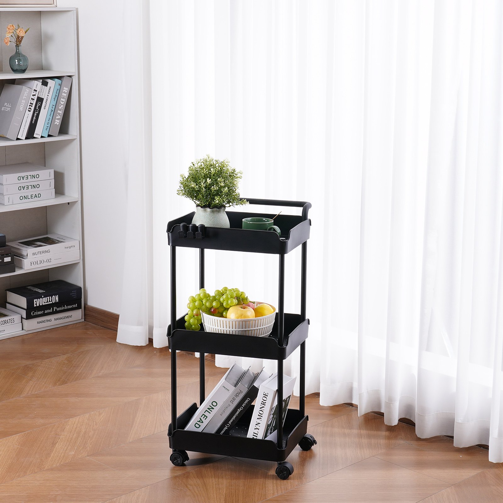 VEVOR Carro con Ruedas de 3 Niveles Carro de Almacenamiento Multifuncional 370x355x761 mm Ruedas Bloqueables con Asa Carro Móvil Cestas de PP para Lavandería, Oficina, Sala de Estar, Cocina, Negro
