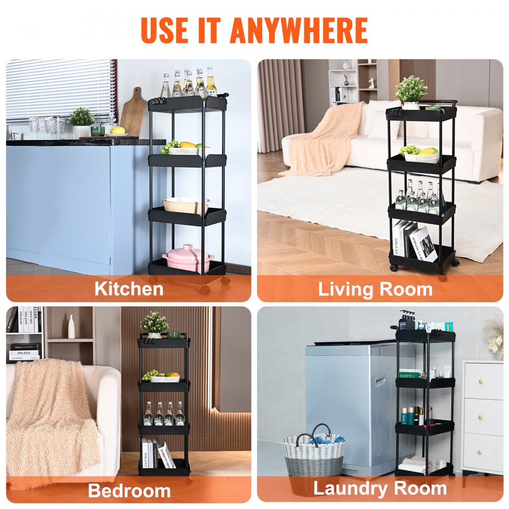 VEVOR Carro con Ruedas de 4 Niveles Carro de Almacenamiento Multifuncional 370x355x1065 mm Ruedas Bloqueables con Asa Carro Móvil Cestas de PP para Lavandería, Oficina, Sala de Estar, Cocina, Negro