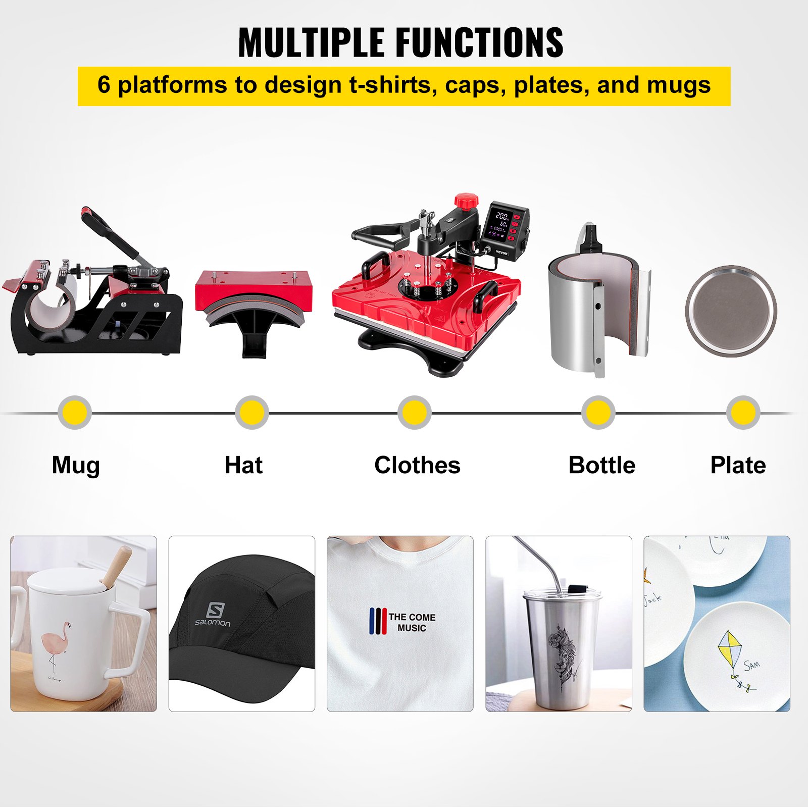 VEVOR La Prensa del Calor, Máquina de Sublimación 6 en 1, 1.000 W, 220 V, Rojo