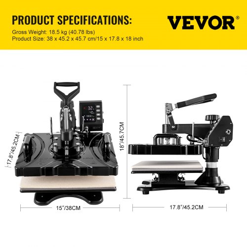 VEVOR Prensa de Calor 38 x 30 cm 5 en 1, Plancha Sublimación Térmica 1,000 W 220 V, Impresora de Transferencia de Calor 50 Hz con Temperatura de 200 ℃, Multifuncional para Tazas Tapas y Camisetas