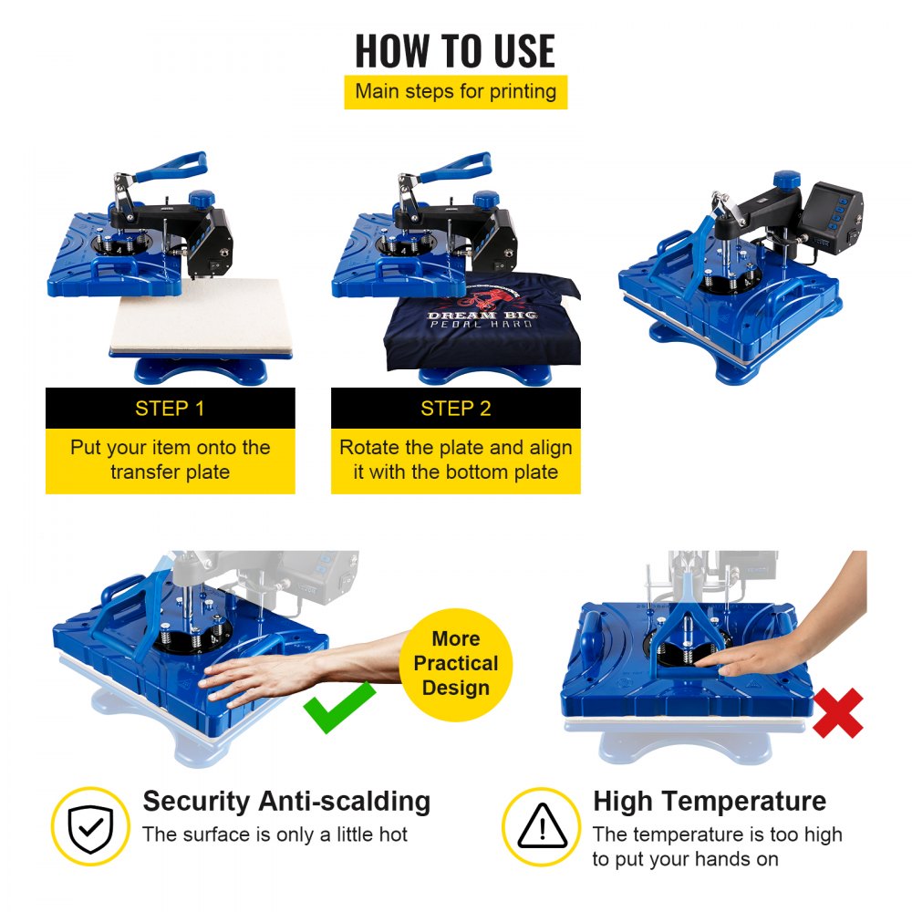 VEVOR Prensa de Transferencia de Calor 38 x 30 cm Temperatura de 200 °C Máquina de Sublimación de Calor 5 en 1 50 Hz Prensa Térmica