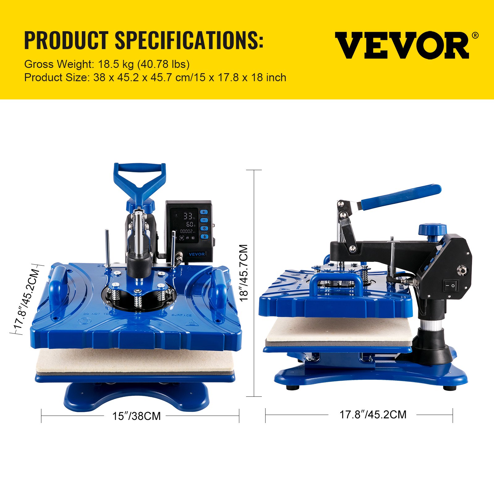 VEVOR Prensa de Transferencia de Calor 38 x 30 cm Temperatura de 200 °C Máquina de Sublimación de Calor 5 en 1 50 Hz Prensa Térmica