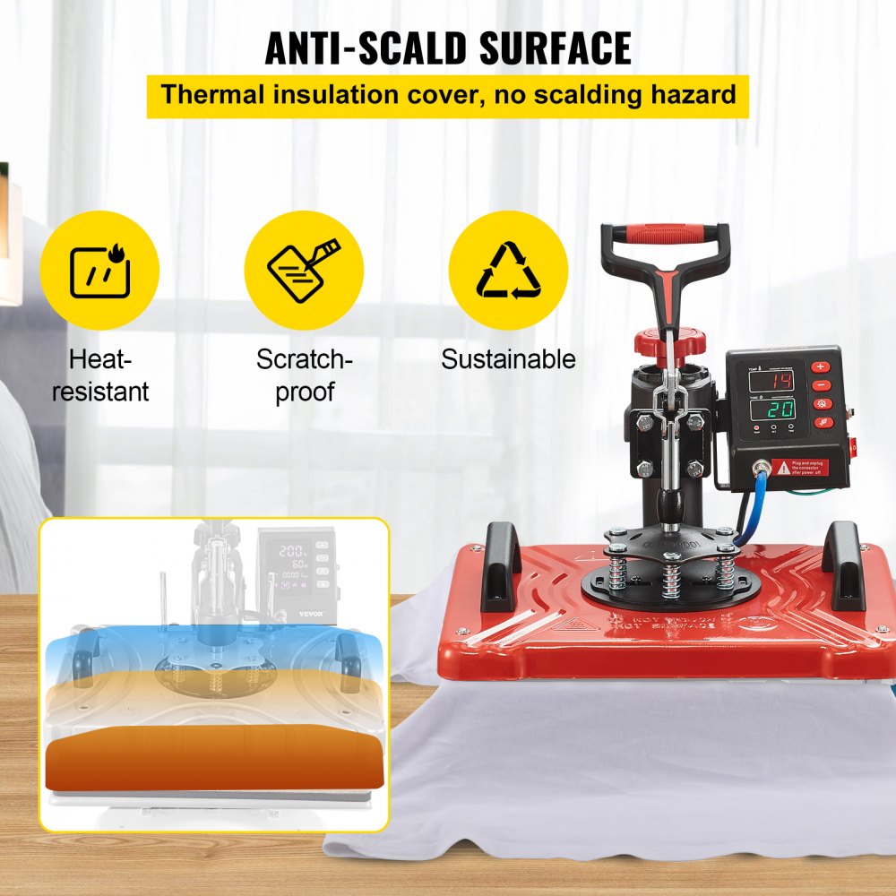 VEVOR Prensa de Calor Multifuncional 10 en 1, Máquina de Sublimación Roja 29 x 38 cm Máquina Impresión de Calor 1000W Giratoria para Camisetas, Diseño Giratorio de 360°, con Accesorios Completos